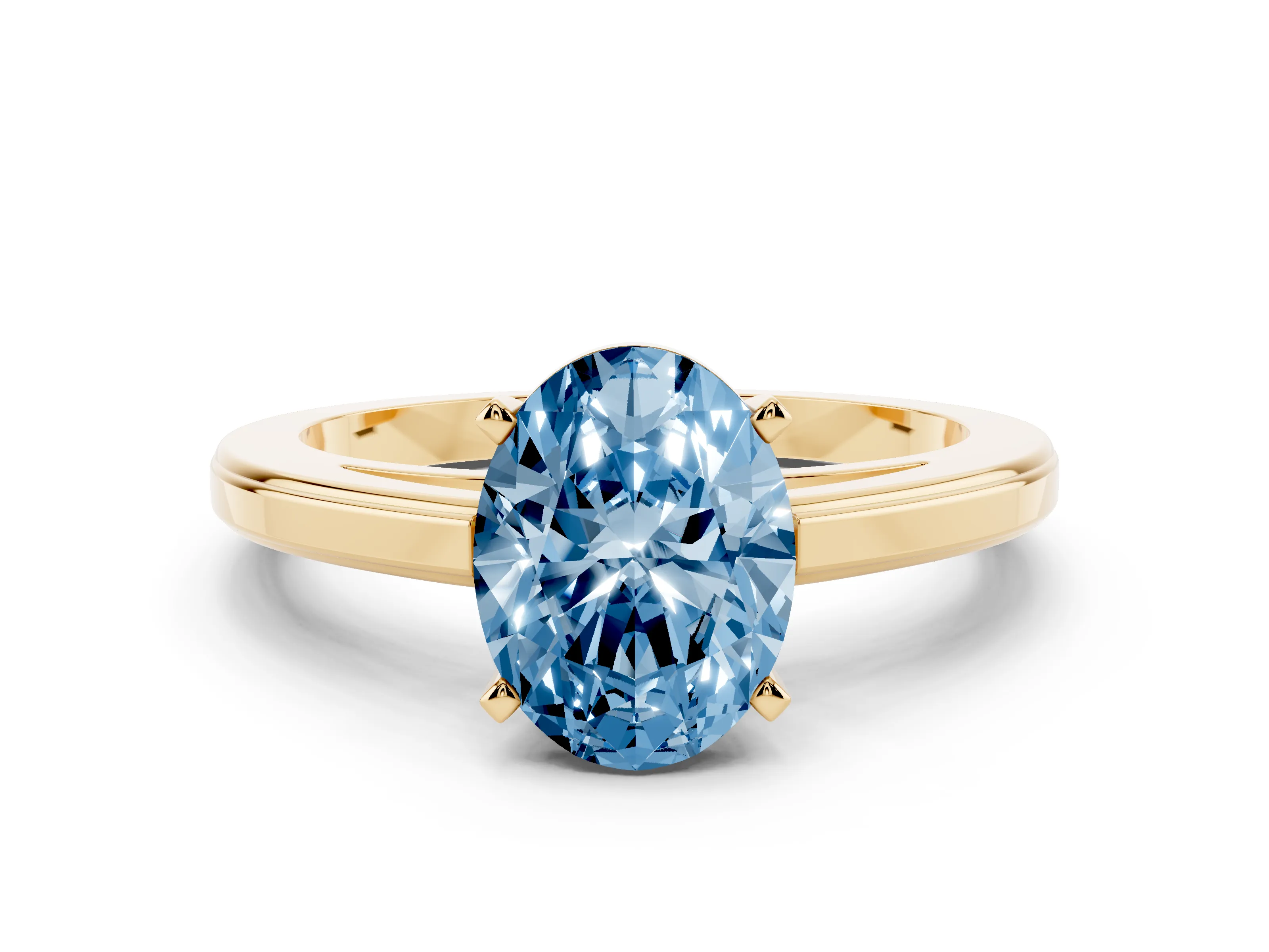 Fancy Blue Oval Cut Diamond Solitaire Ring Set in Yellow gold with Prong Setting and Classic Band