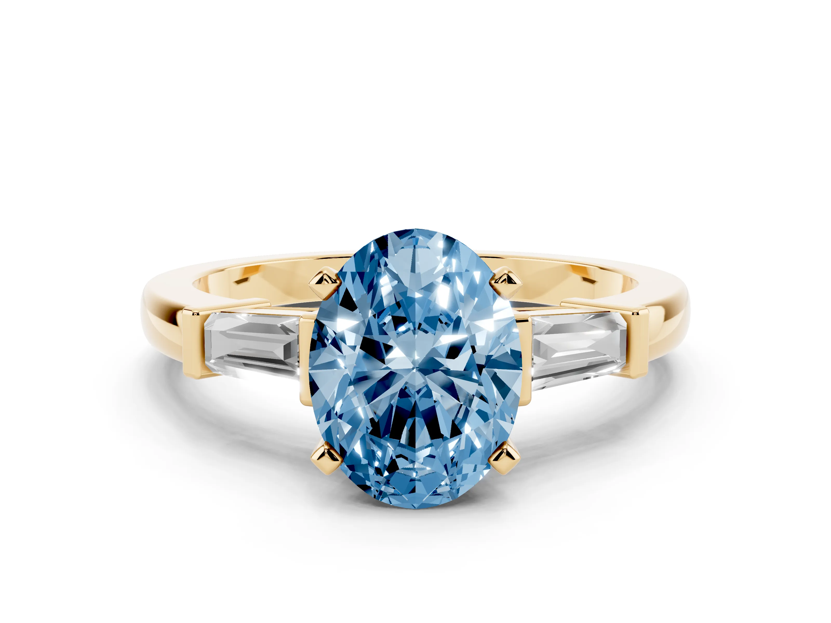 Fancy Blue Oval Cut Diamond Solitaire Ring Set in Yellow gold with Tapered Baguette Accents and Prong Setting