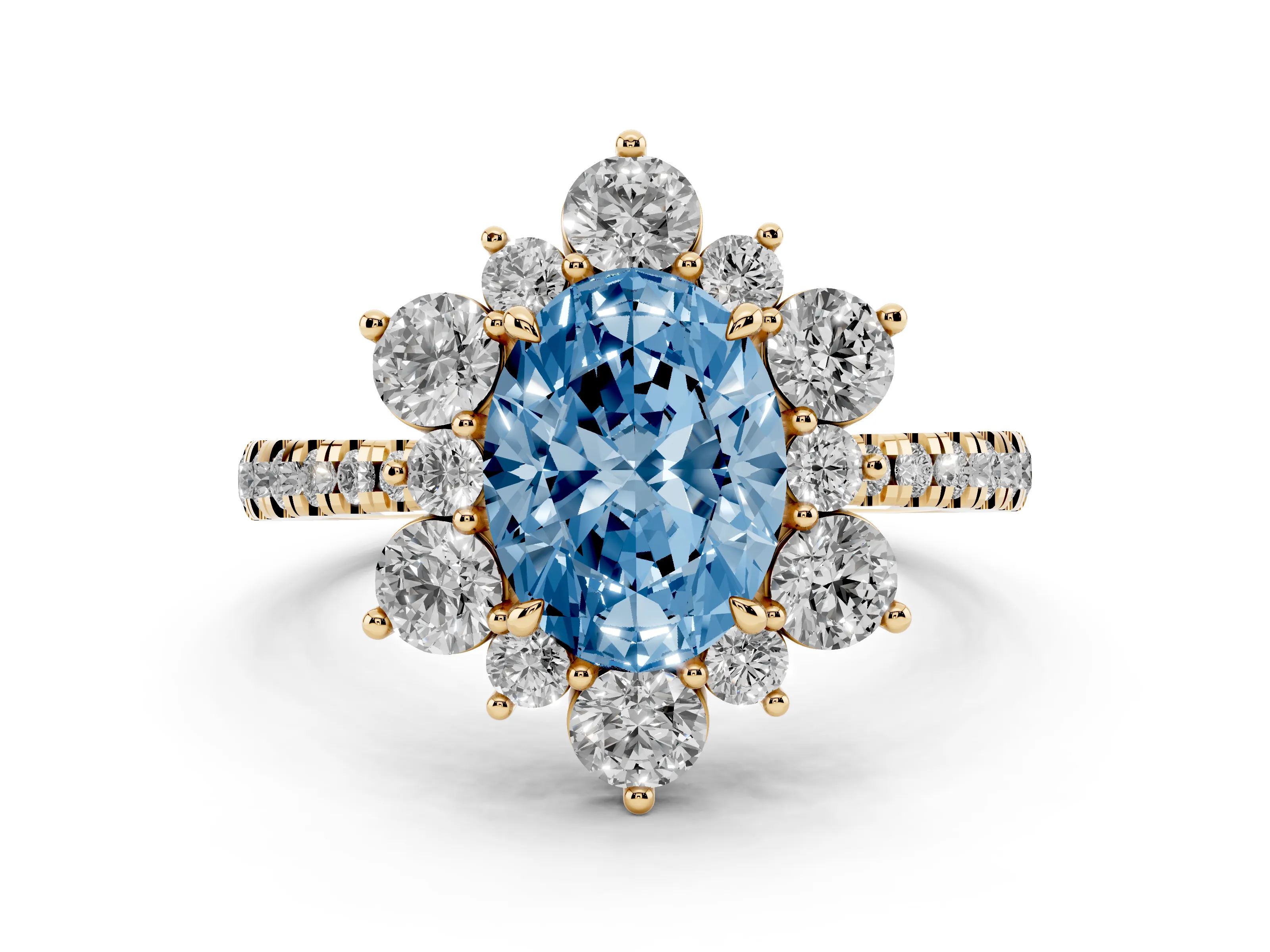 Fancy Blue Oval Cut Diamond Floral Halo Ring Set in Yellow gold with Round Pavé Band and Prong Setting