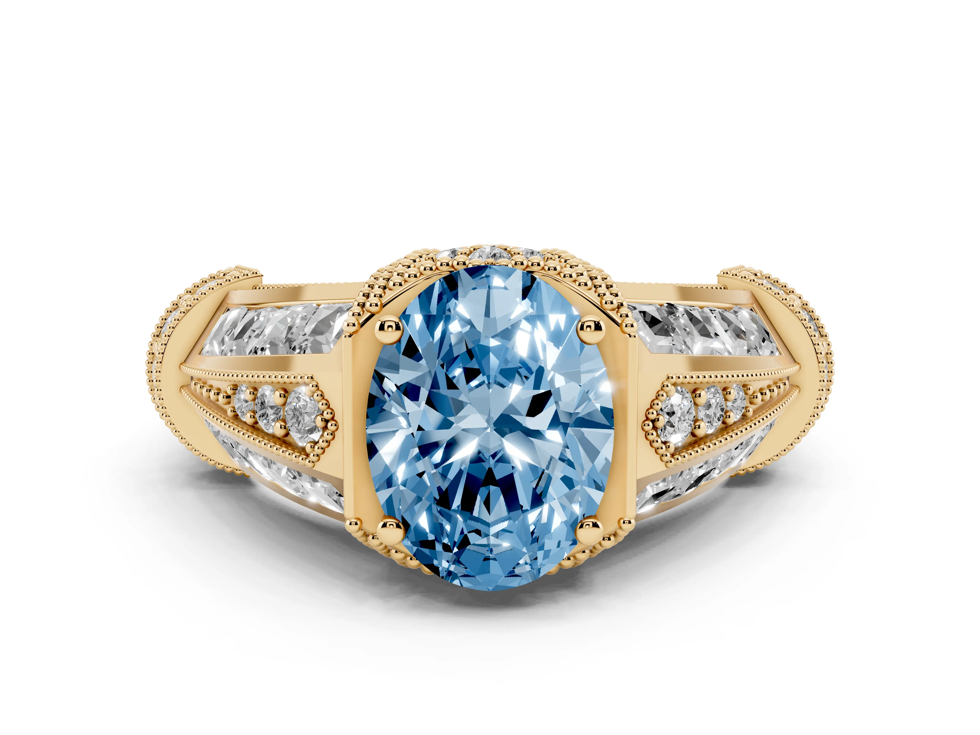Fancy Blue Oval Cut Diamond Vintage-Inspired Milgrain Ring Set in Yellow gold with Accent Split Shank
