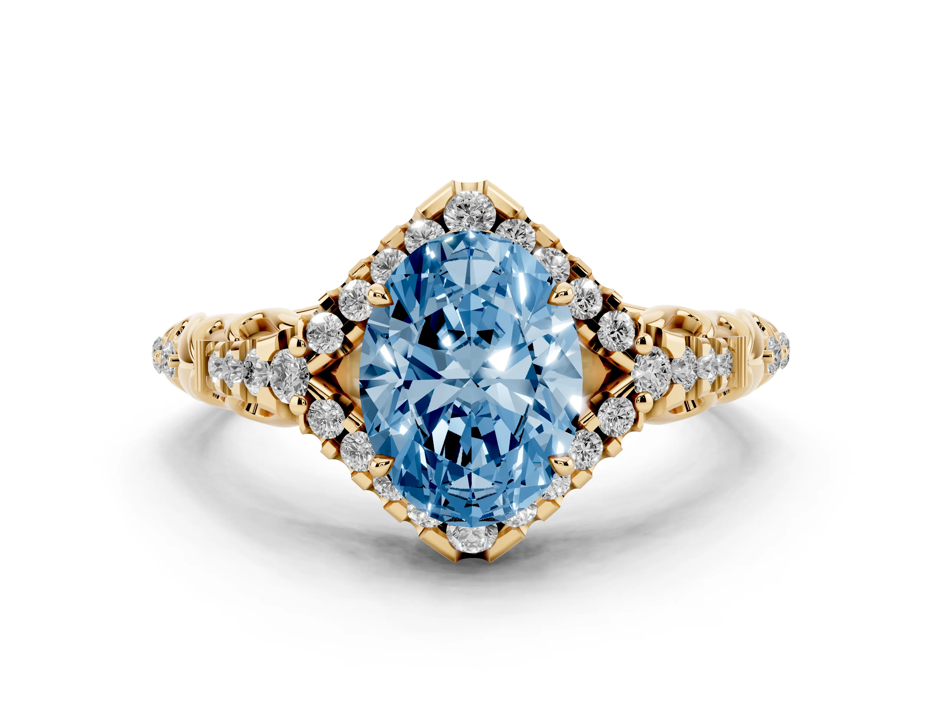 Fancy Blue Oval Cut Diamond Solitaire Ring Set in Yellow gold with Hidden Halo and Pavé Band