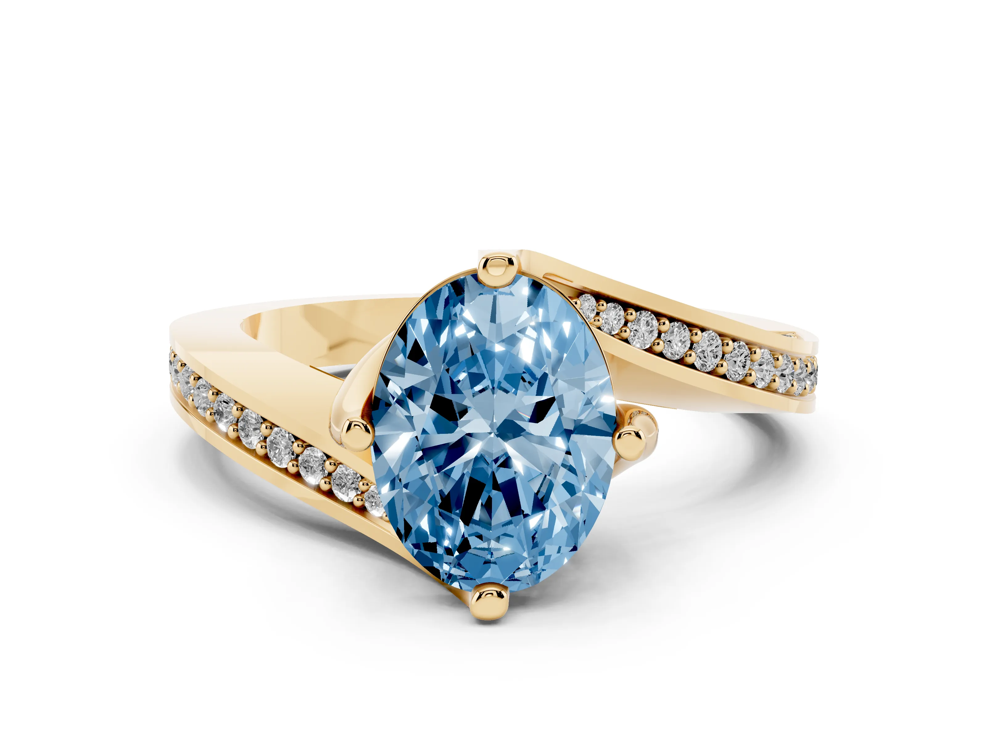 Fancy Blue Oval Cut Diamond Solitaire Ring Set in Yellow gold with Intertwined Pavé Twist Band
