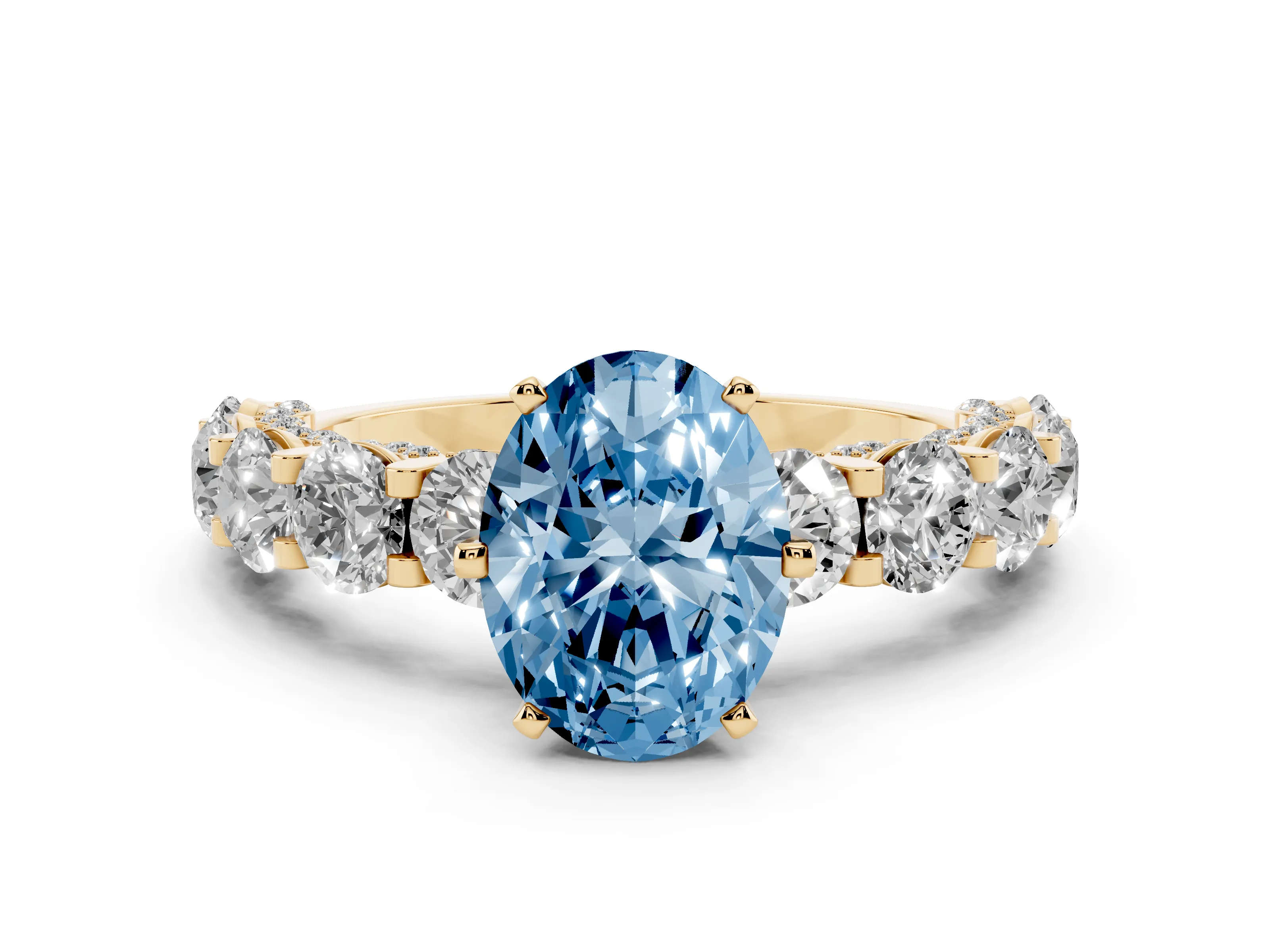 Fancy Blue Oval Cut Diamond Side Stone Ring Set in Yellow gold with Alternating Round and Oval Side Stones