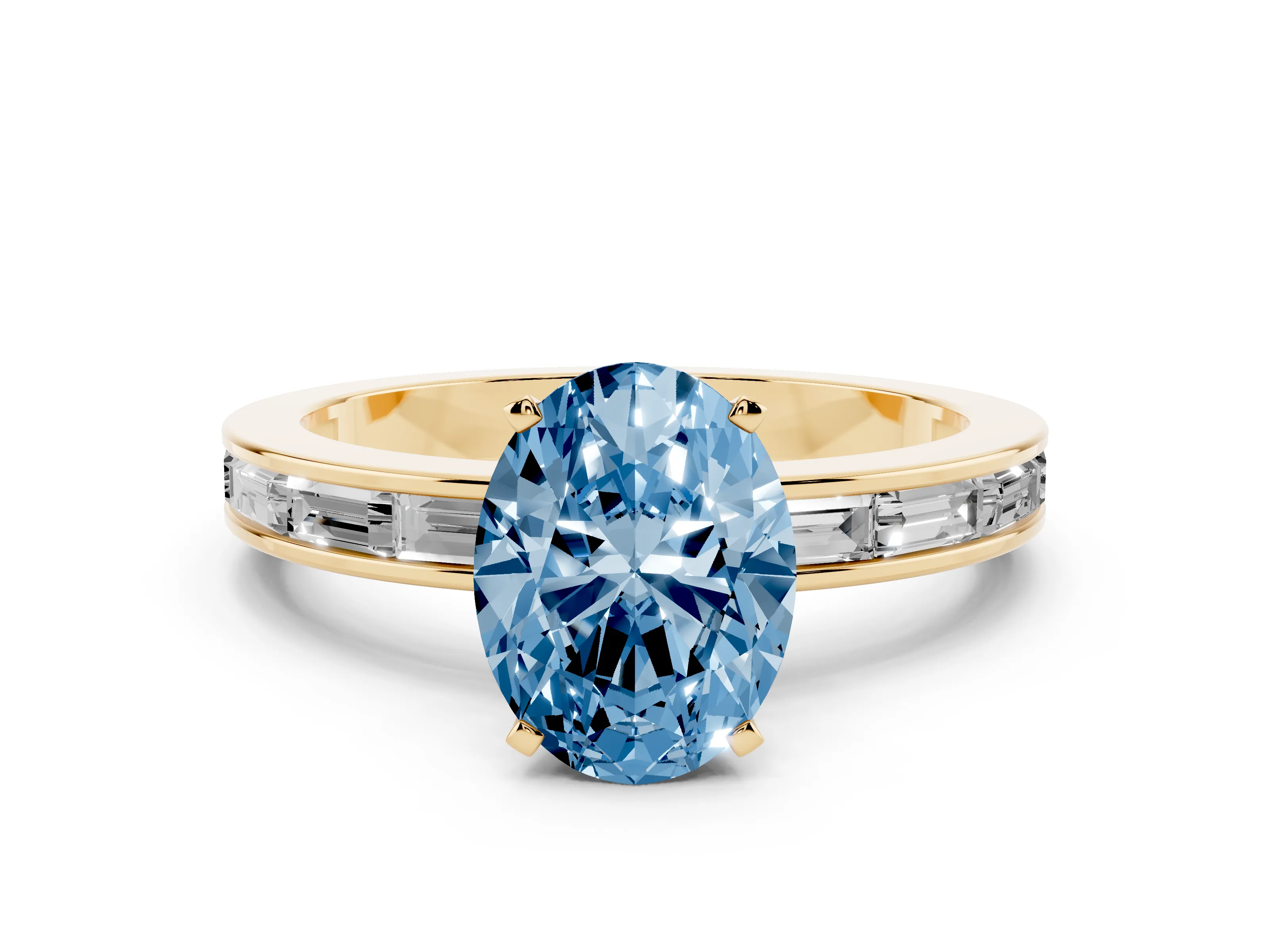 Fancy Blue Oval Cut Diamond Solitaire Ring Set in Yellow gold with Channel-Set Baguette Band and Prong Setting