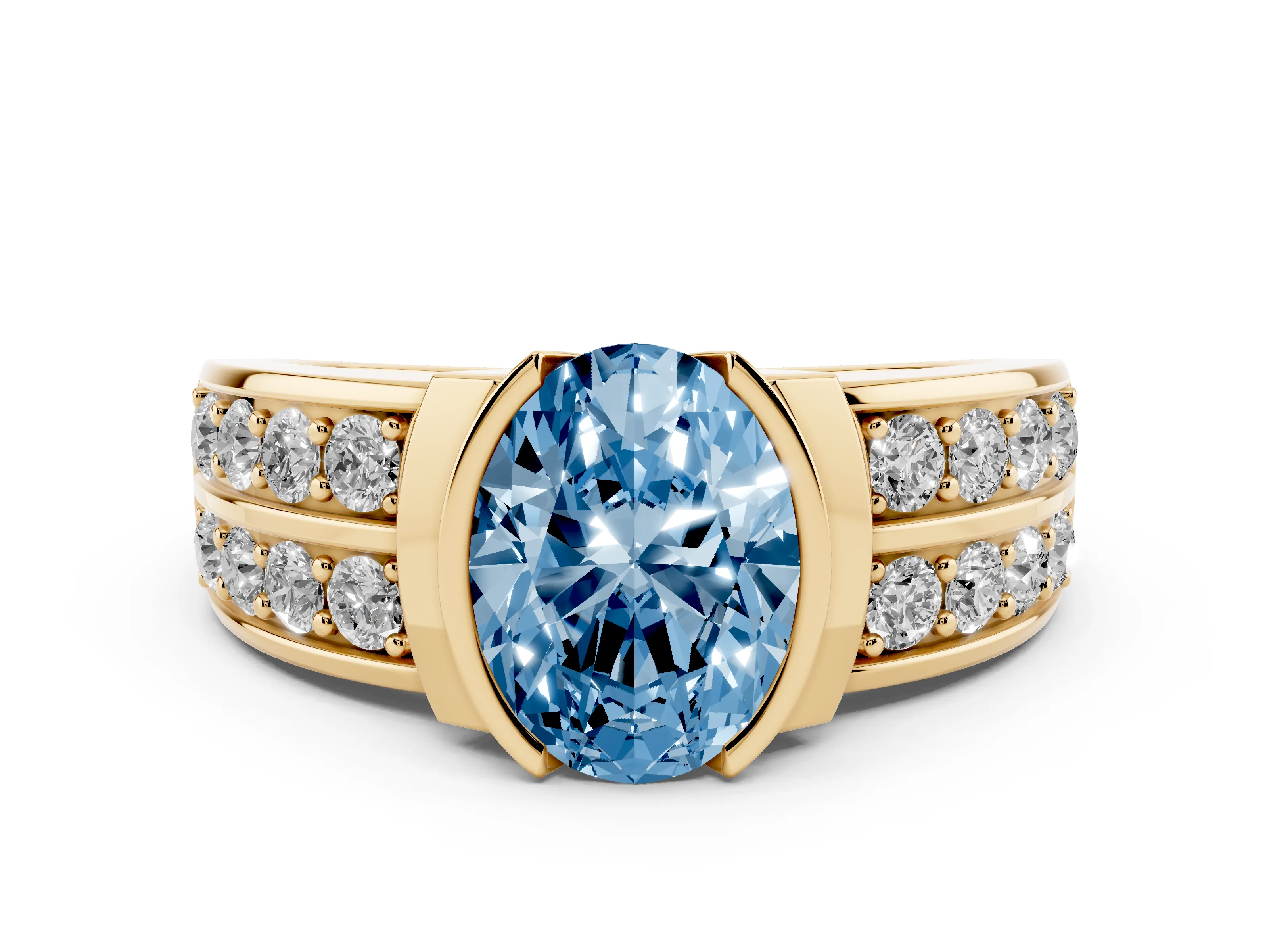 Fancy Blue Oval Cut Diamond Wide Channel Set Band Ring Set in Yellow gold with Bezel Setting