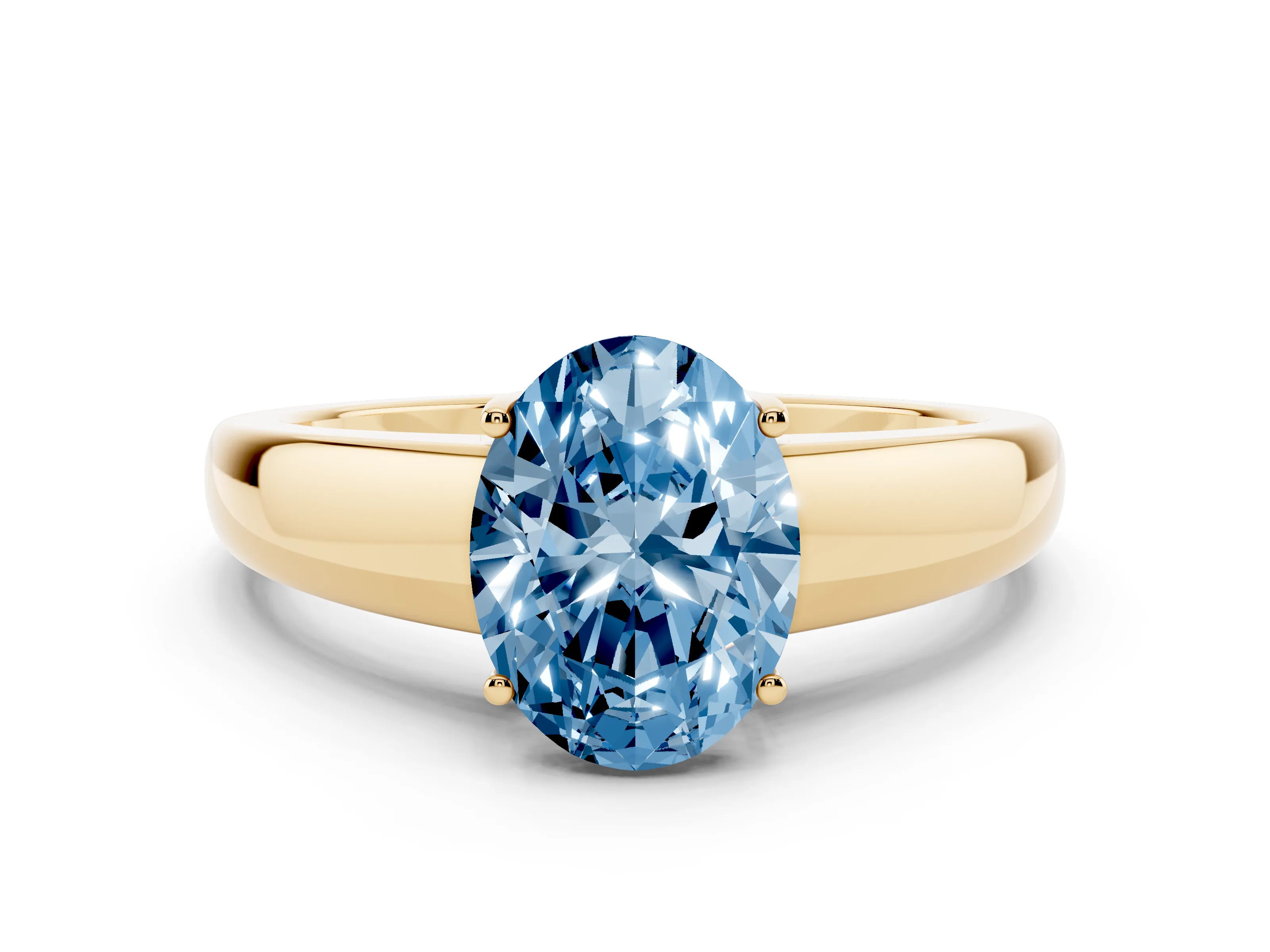 Fancy Blue Oval Cut Diamond Solitaire Ring Set in Yellow gold with Tapered Band and Prong Setting