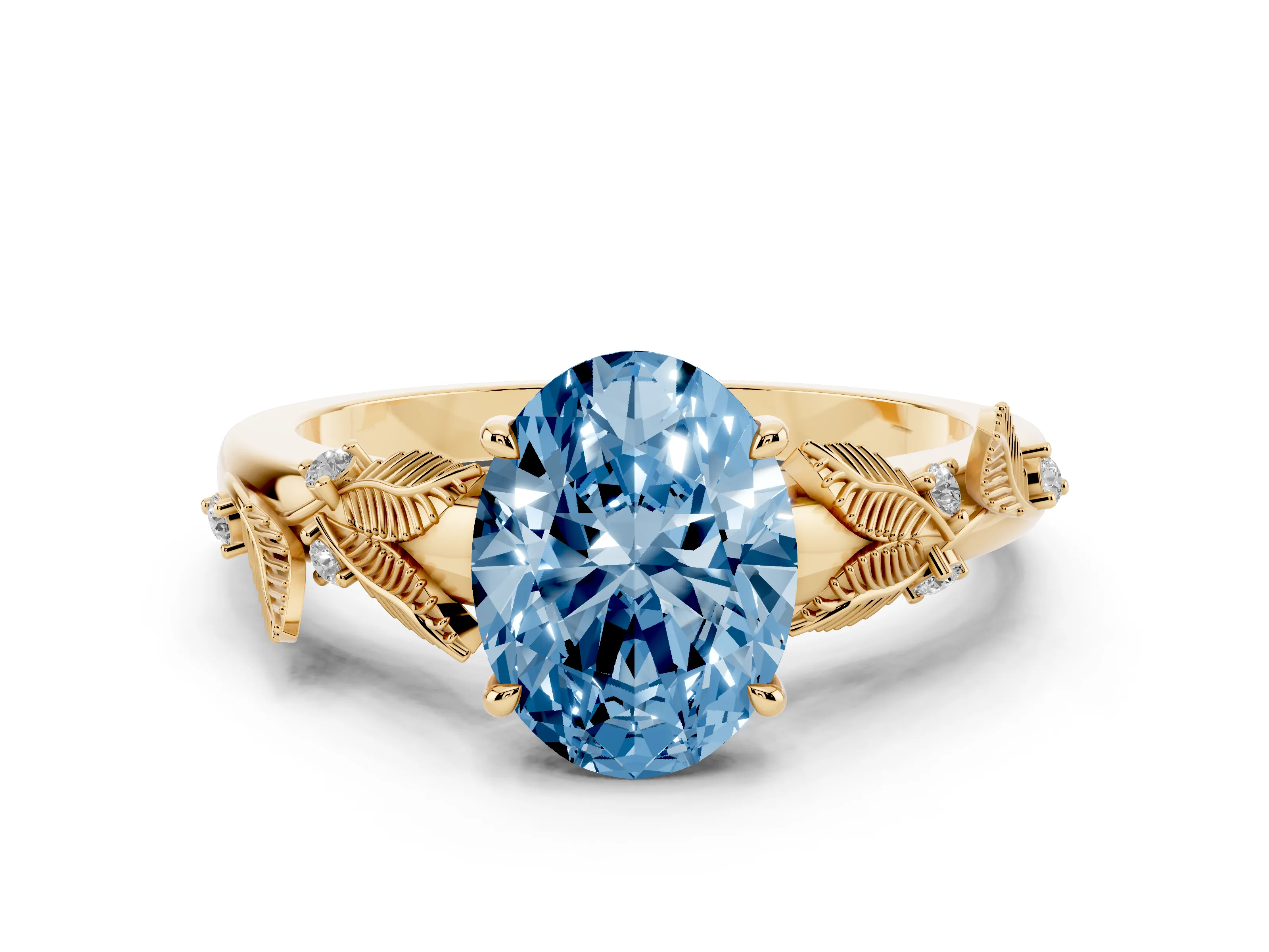Fancy Blue Oval Cut Diamond Solitaire Ring Set in Yellow gold with Leaf Motif Band