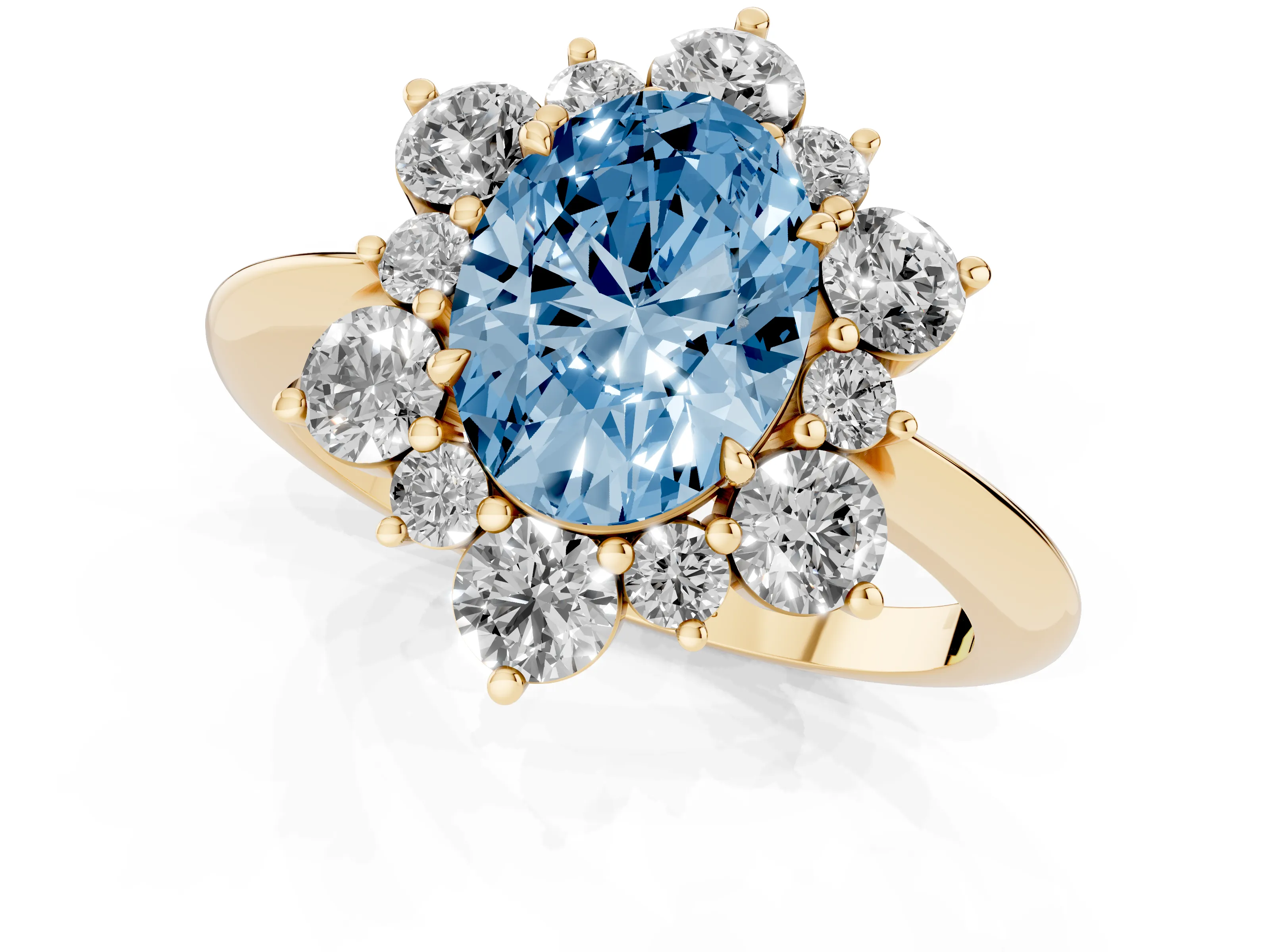 Fancy Blue Oval Cut Diamond Cluster Halo Ring Set in Yellow gold with Solitaire Band and Prong Setting