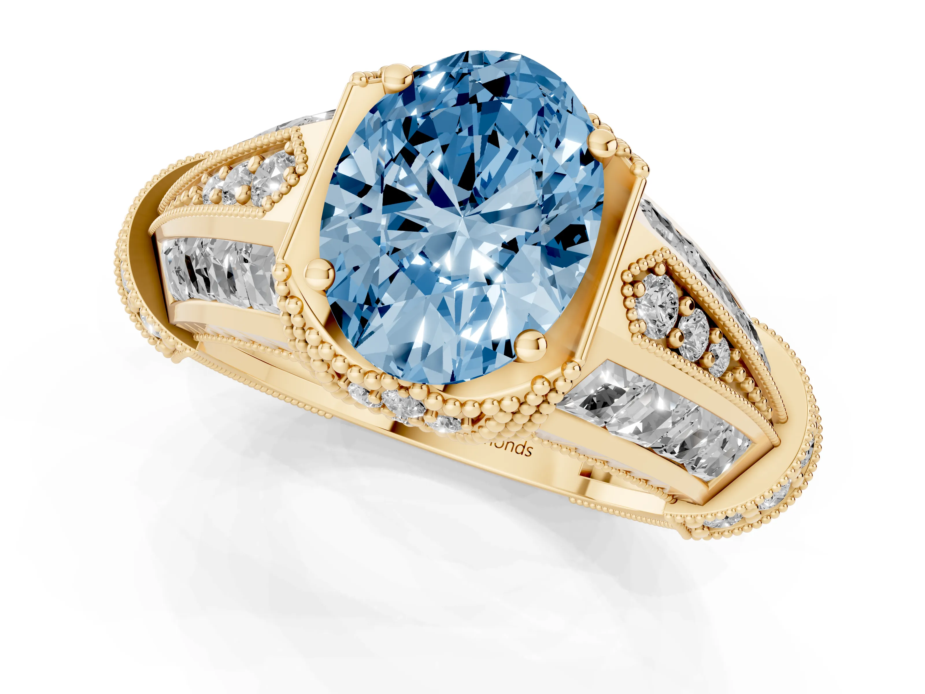 Fancy Blue Oval Cut Diamond Vintage-Inspired Milgrain Ring Set in Yellow gold with Accent Split Shank