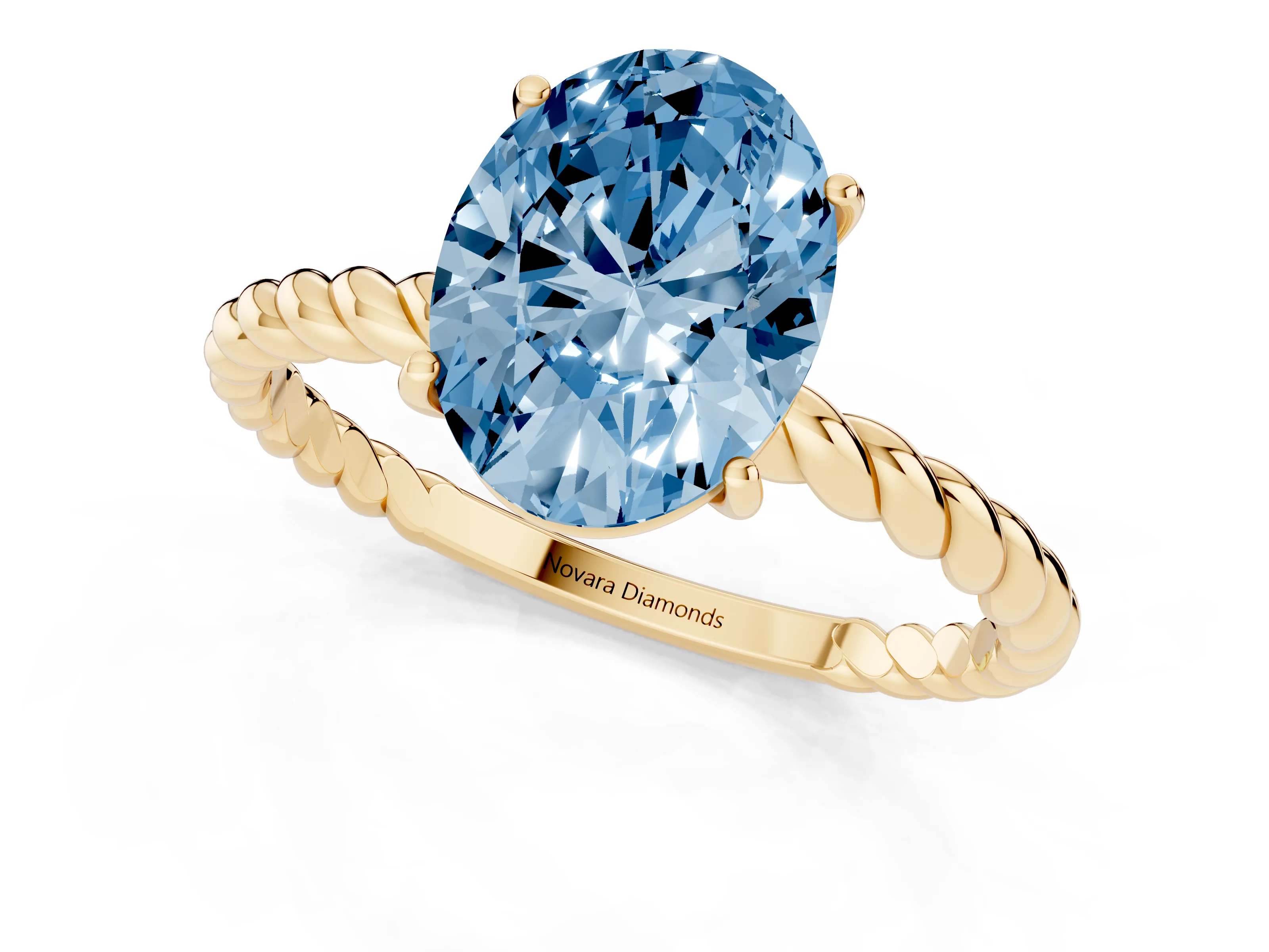 Fancy Blue Oval Cut Diamond Solitaire Ring Set in Yellow gold with Twist Band and Prong Setting