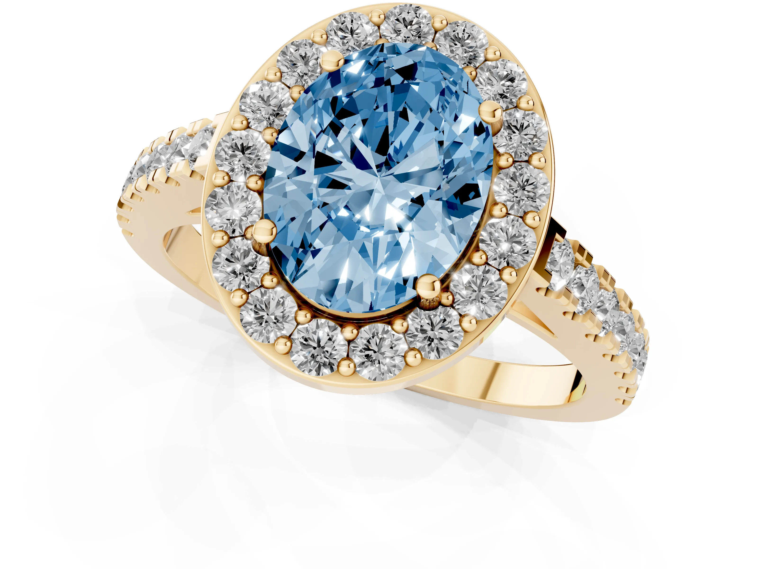 Fancy Blue Oval Cut Diamond Halo Ring Set in Yellow gold with Round Pavé Split Shank and Prong Setting
