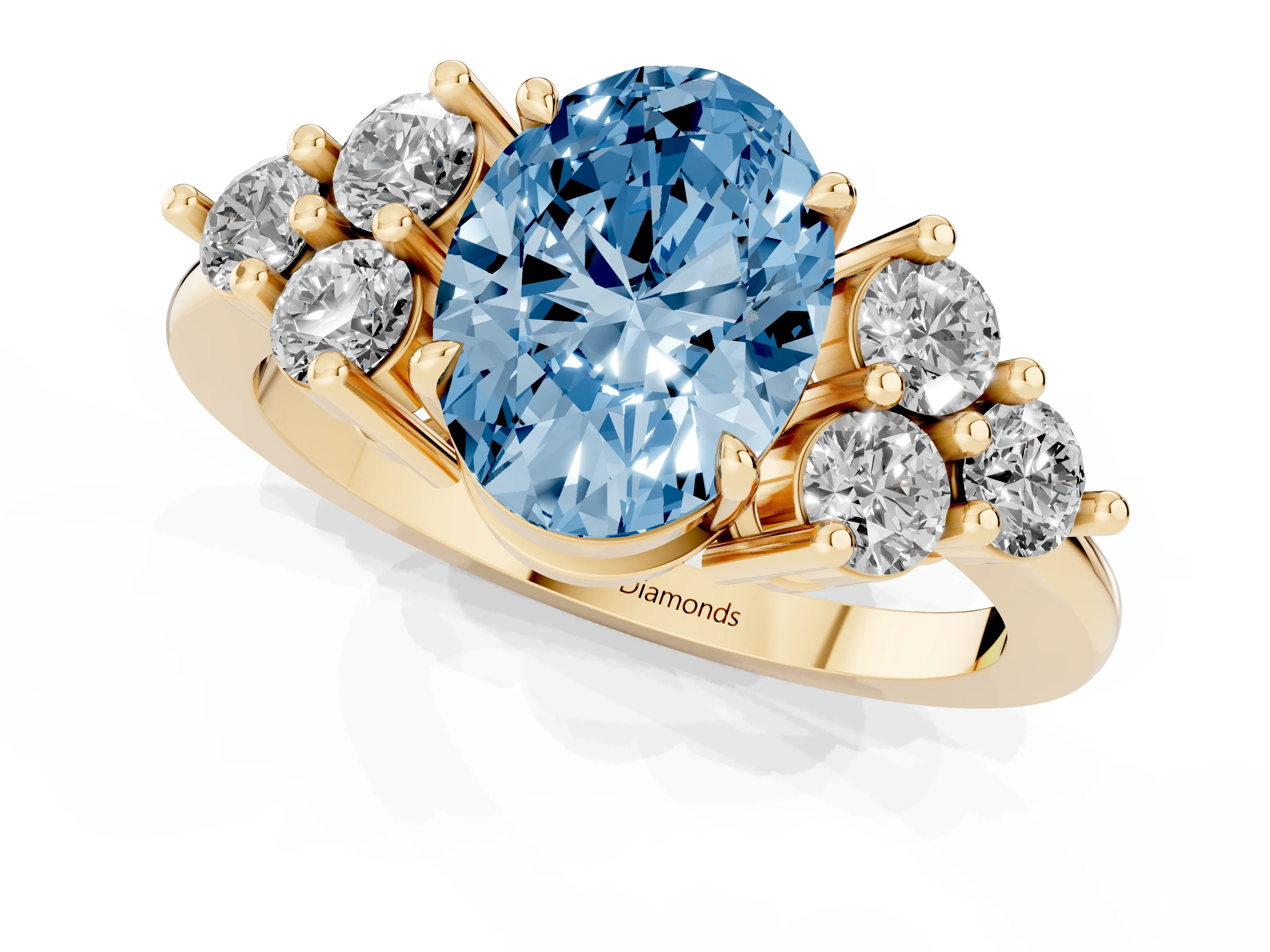 Fancy Blue Oval Cut Diamond Solitaire Ring Set in Yellow gold with Cluster Accents on Each Side