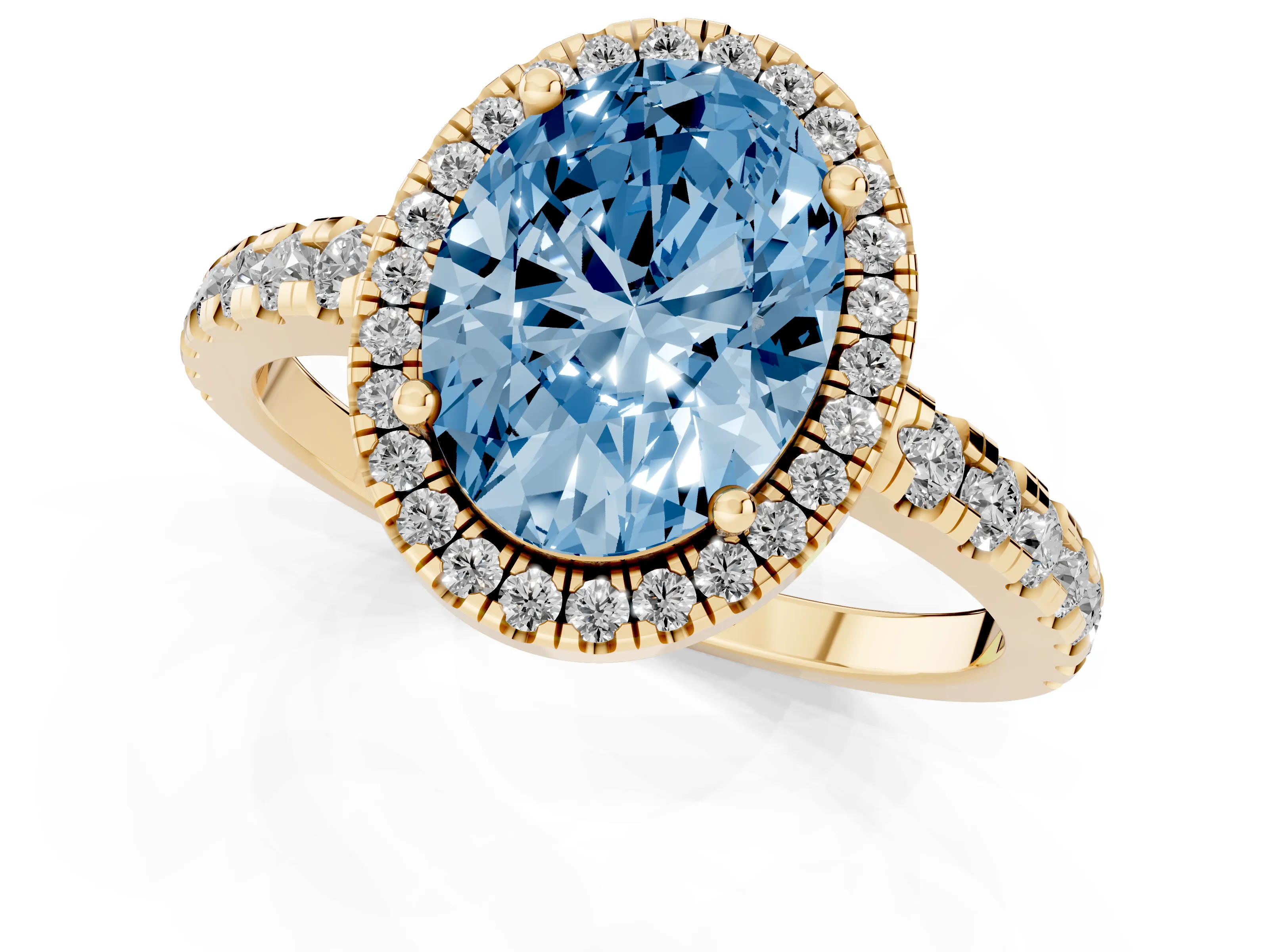 Fancy Blue Oval Cut Diamond Halo Ring Set in Yellow gold with Delicate Pavé Band and Prong Setting