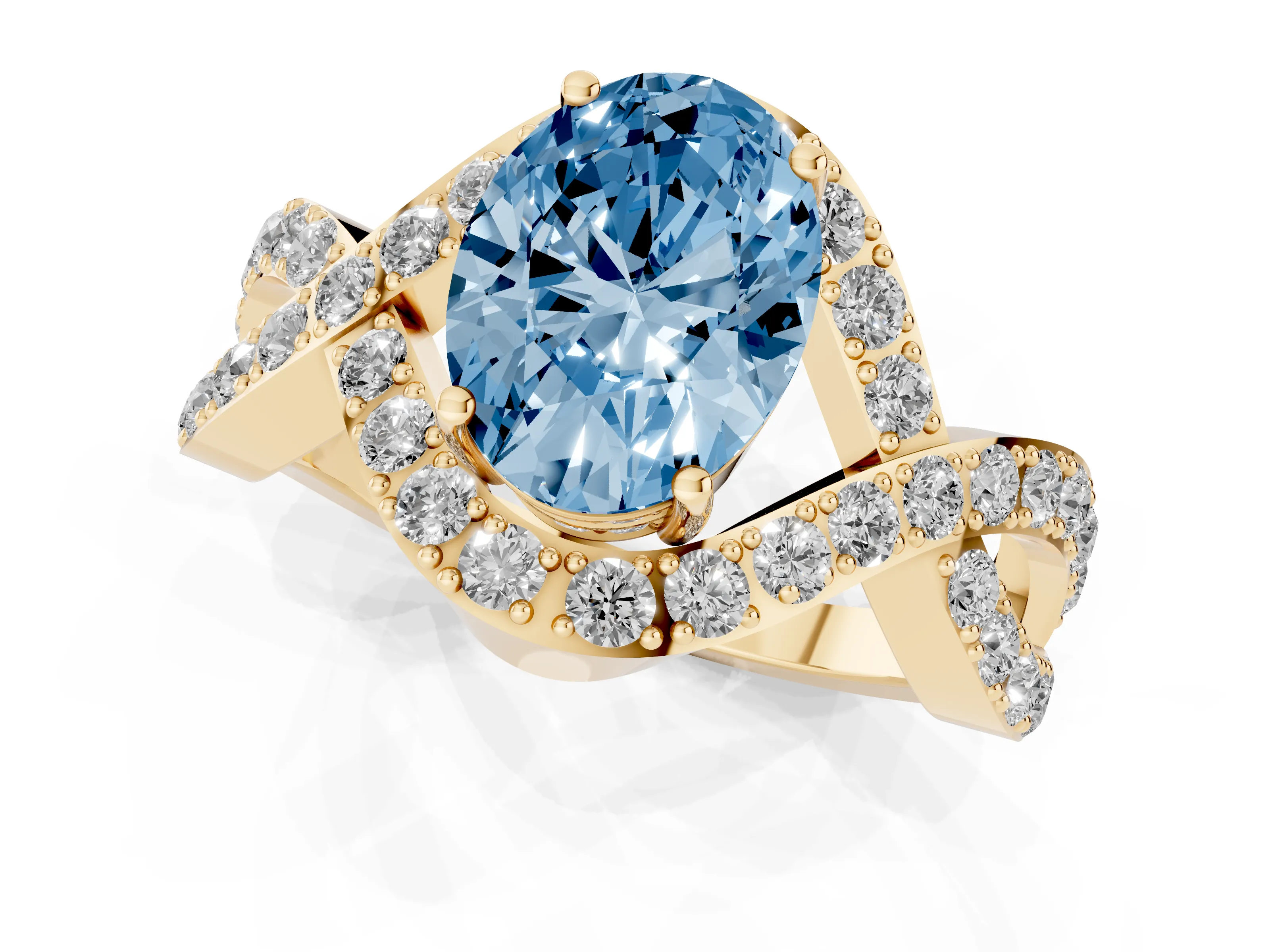 Fancy Blue Oval Cut Diamond Solitaire Twist Band Pavé Engagement Ring Set in Yellow gold
