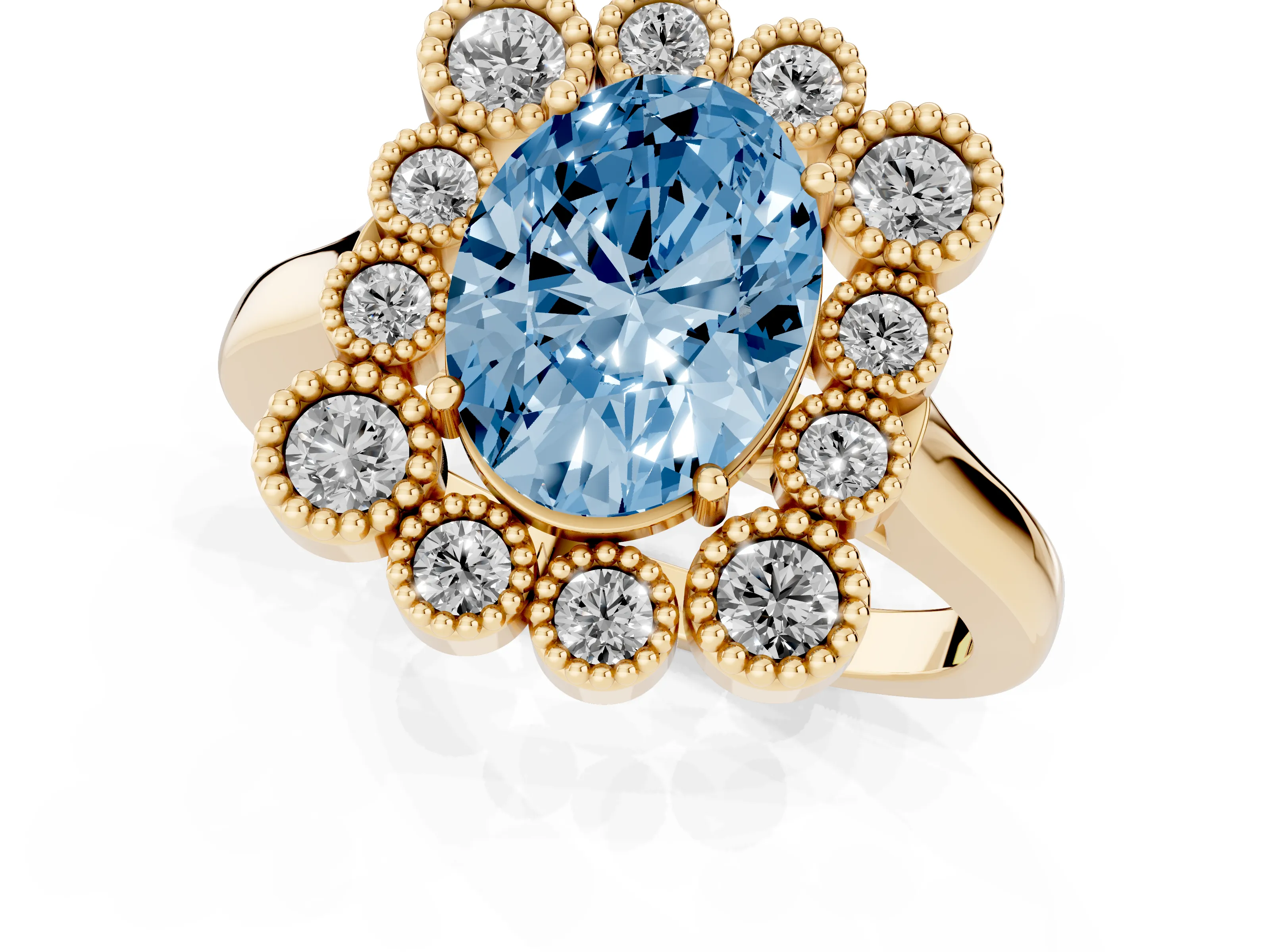 Fancy Blue Oval Cut Diamond Cluster Halo Ring Set in Yellow gold with Milgrain Bezel Accents and Plain Band