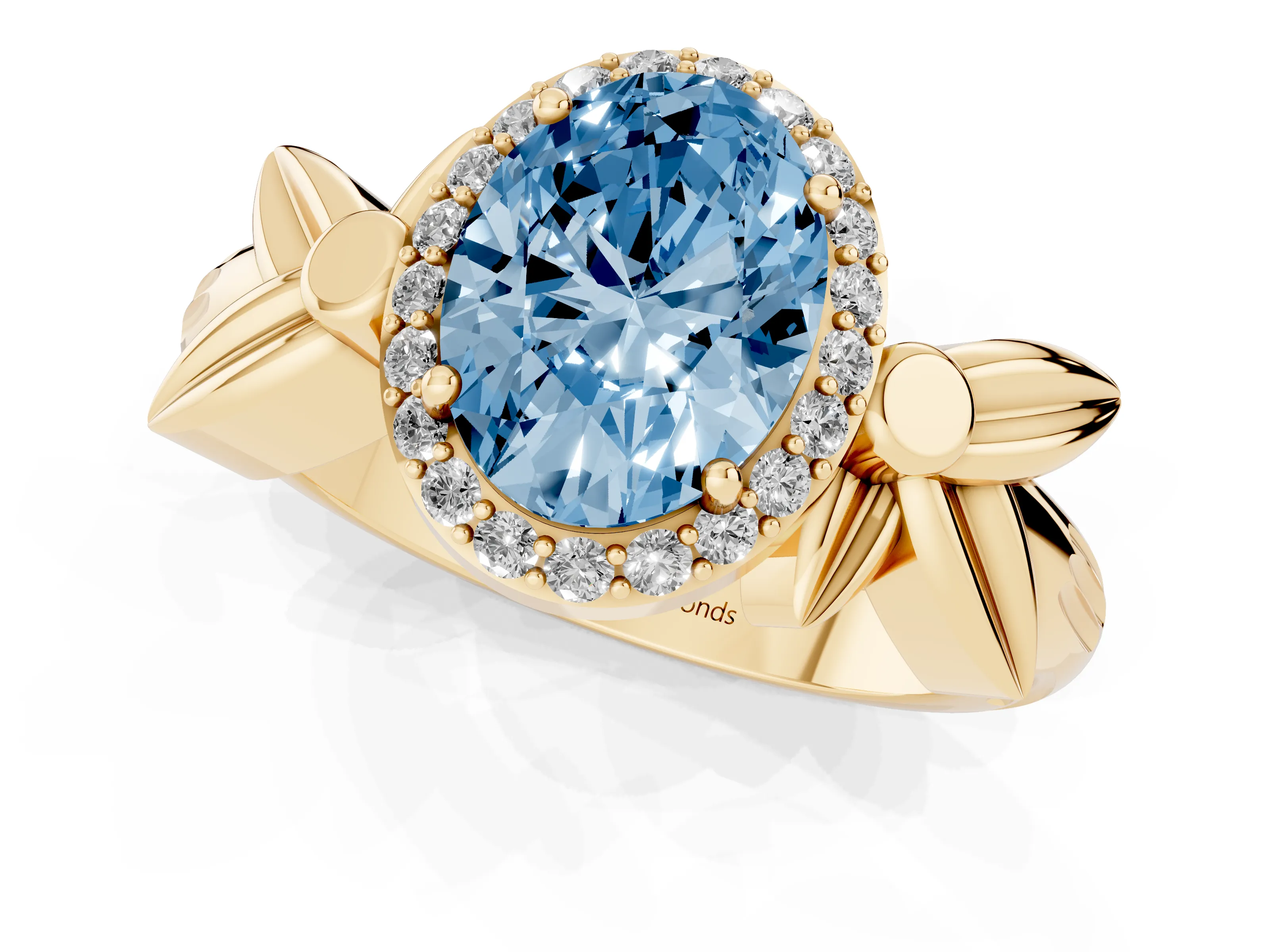 Fancy Blue Oval Cut Diamond Halo Floral Band Ring Set in Yellow gold with Prong Setting