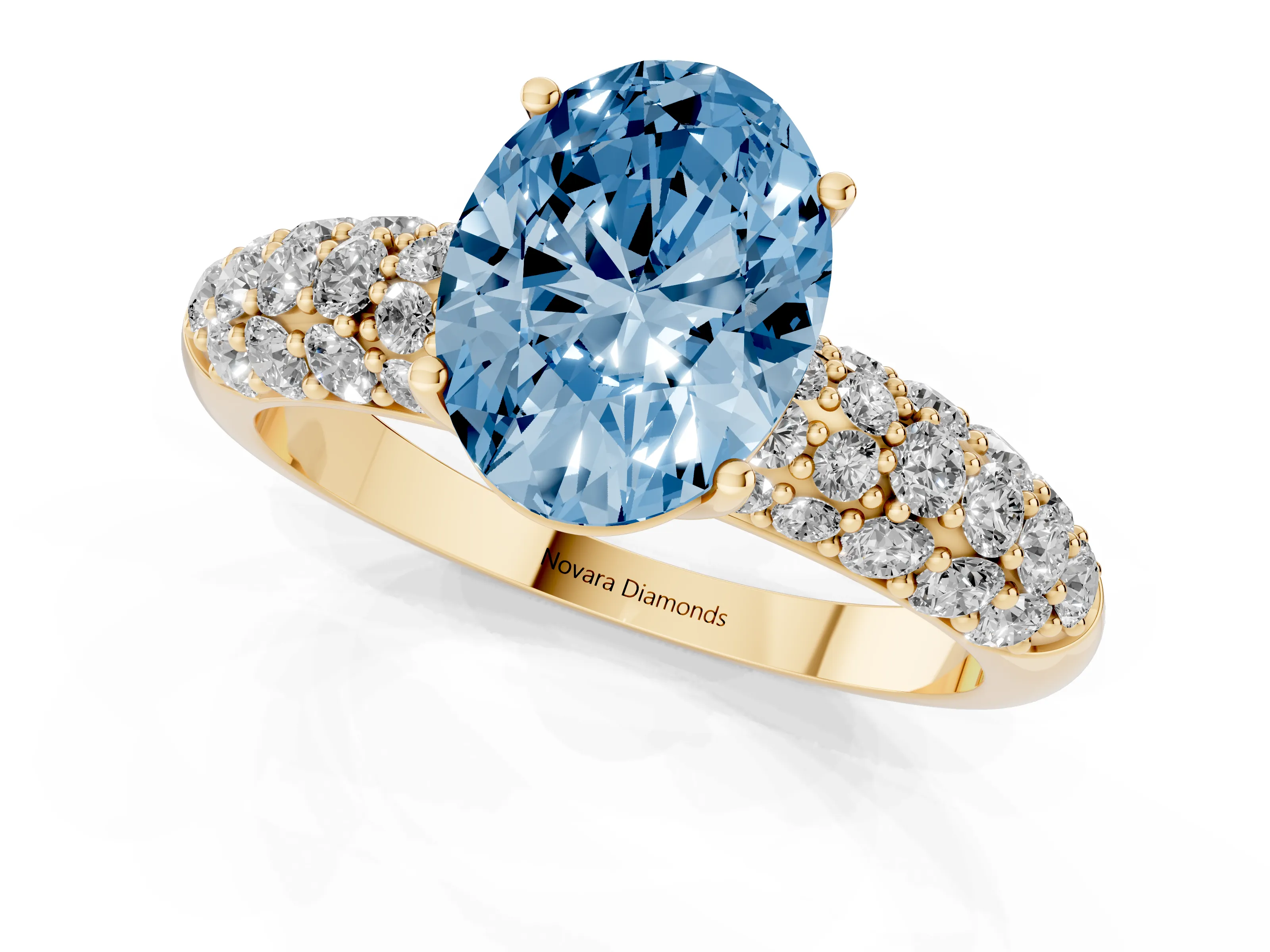 Fancy Blue Oval Cut Diamond Pavé Band Solitaire Ring Set in Yellow gold with Close-Set Accent Stones and Prong Setting