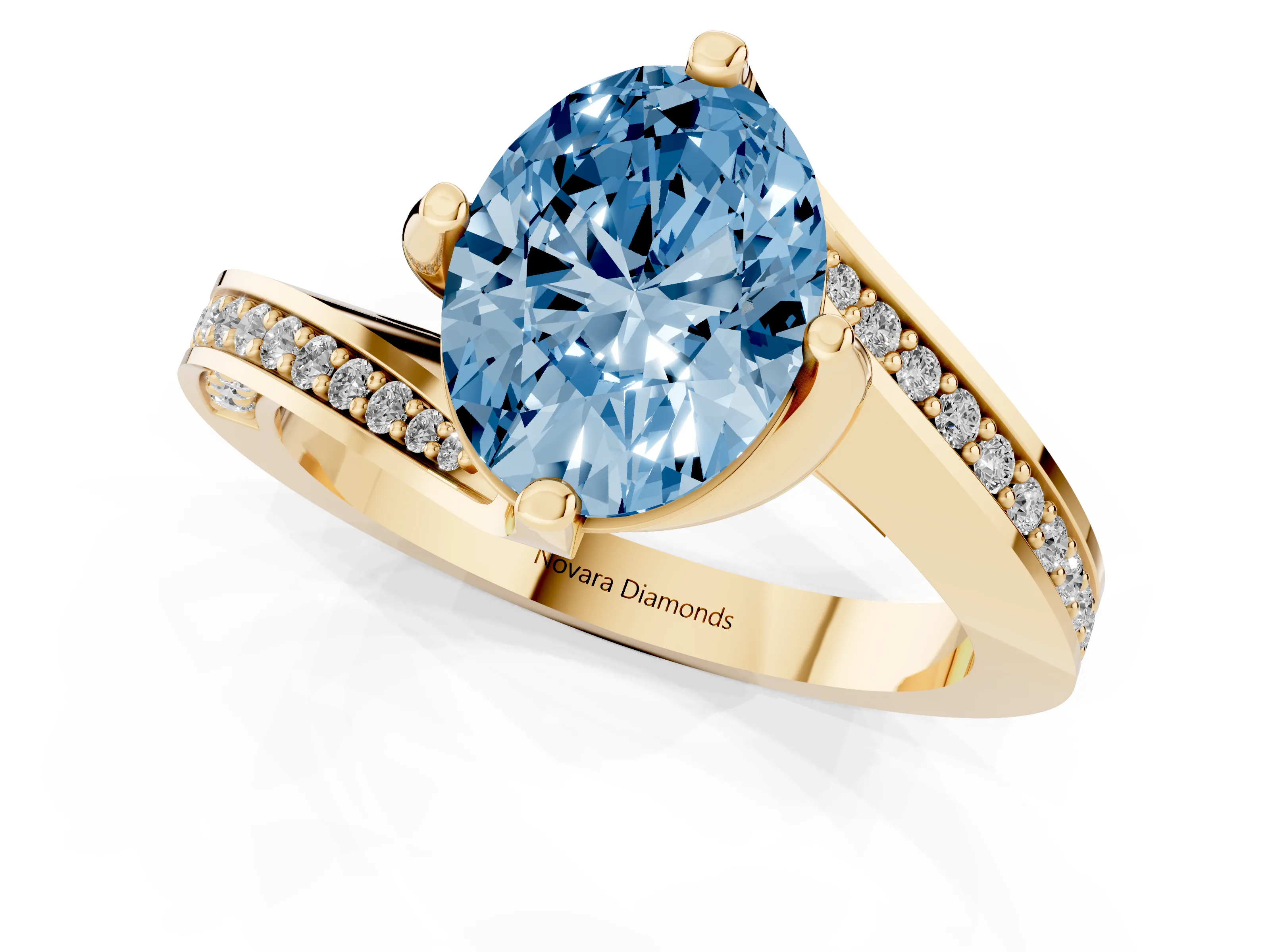 Fancy Blue Oval Cut Diamond Solitaire Ring Set in Yellow gold with Intertwined Pavé Twist Band
