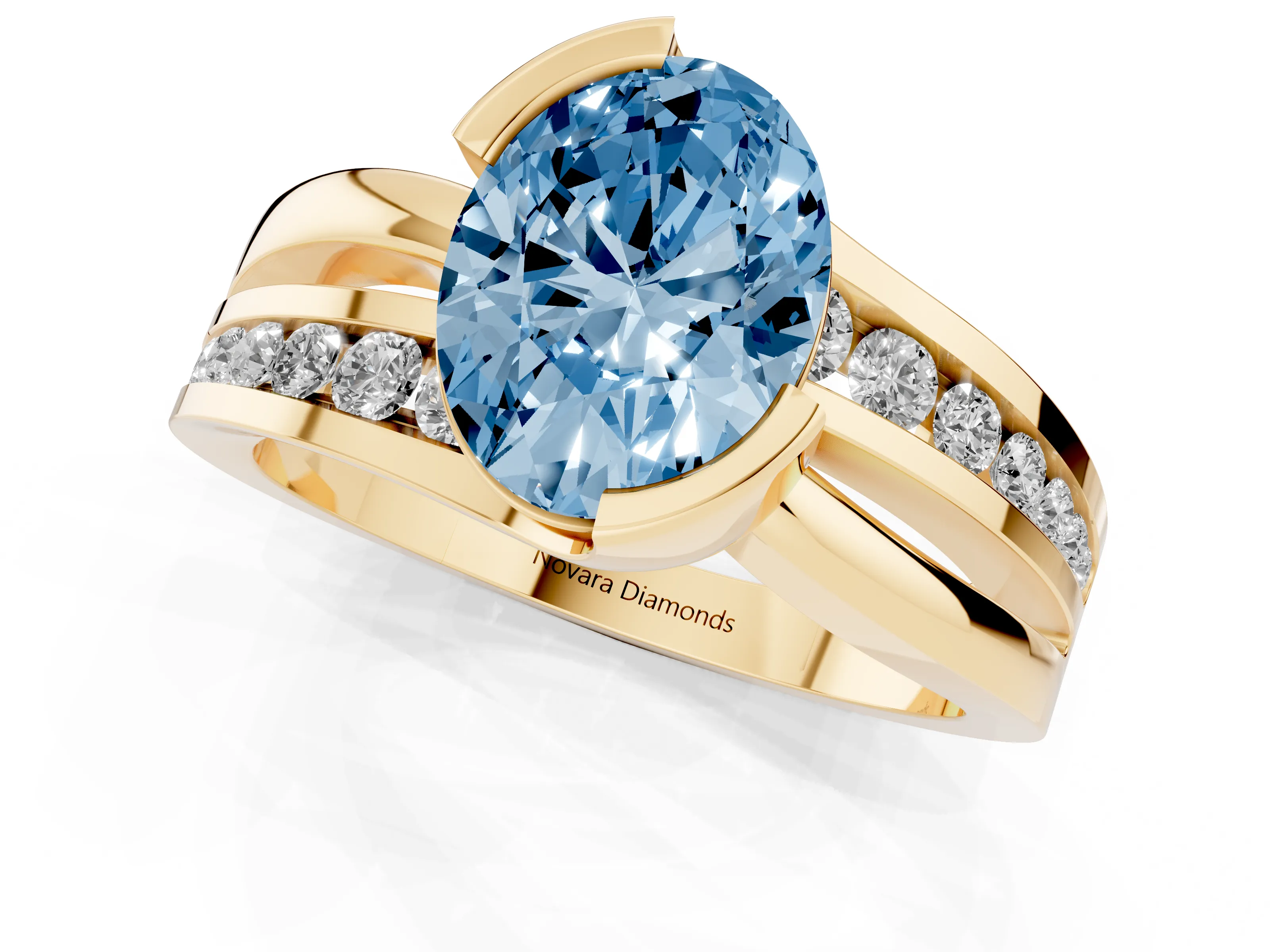 Fancy Blue Oval Cut Diamond Solitaire Ring Set in Yellow gold with Channel Set Split Shank and Tension Prongs