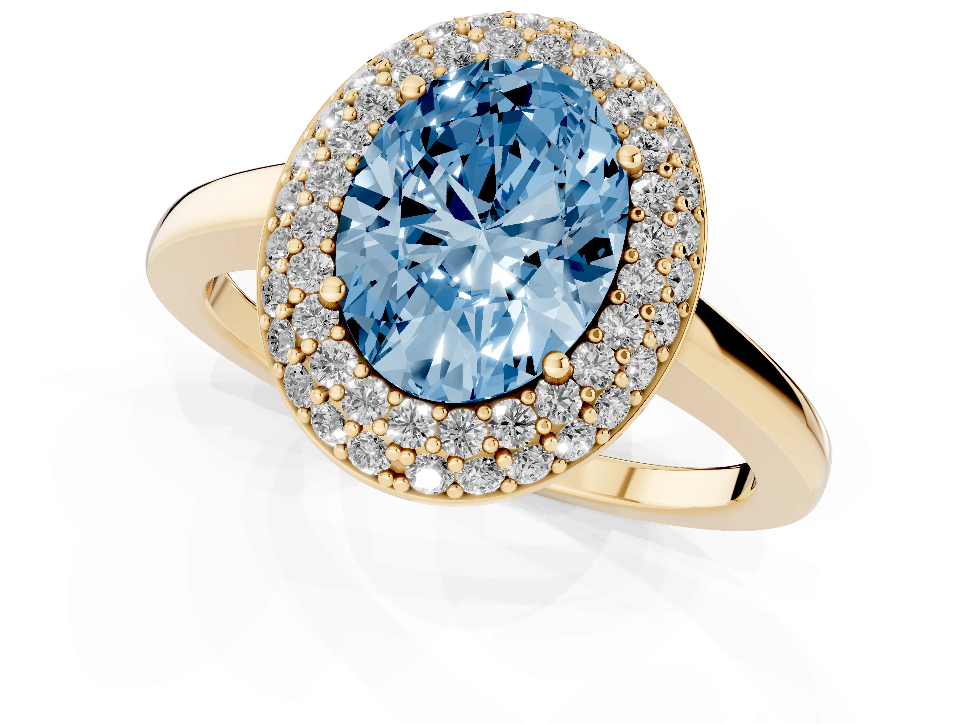 Fancy Blue Oval Cut Diamond Halo Engagement Ring Set in Yellow gold with Solitaire Band and Prong Setting