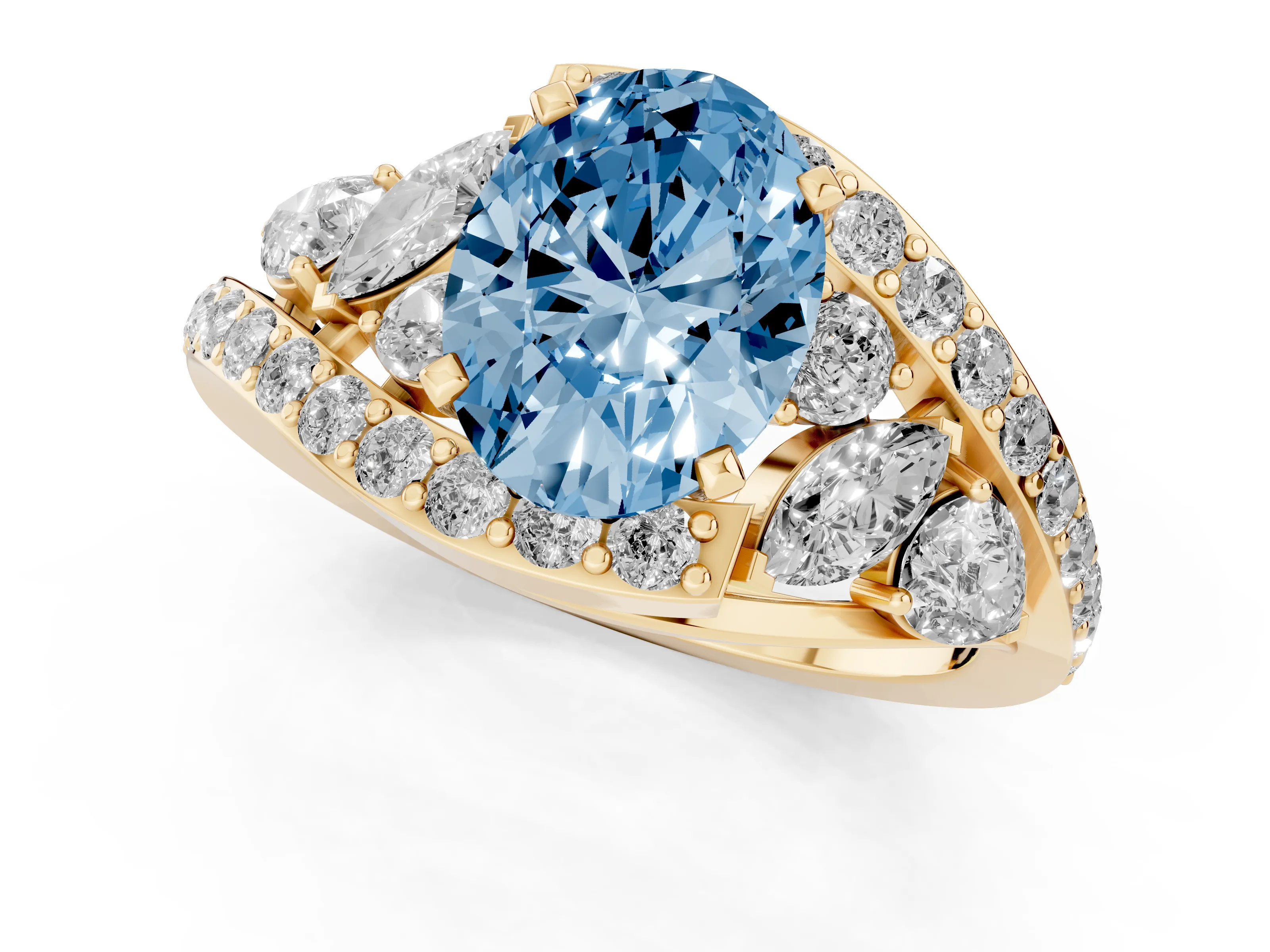 Fancy Blue Oval Cut Diamond Halo Ring Set in Yellow gold with Marquise and Pavé Band in Prong Setting