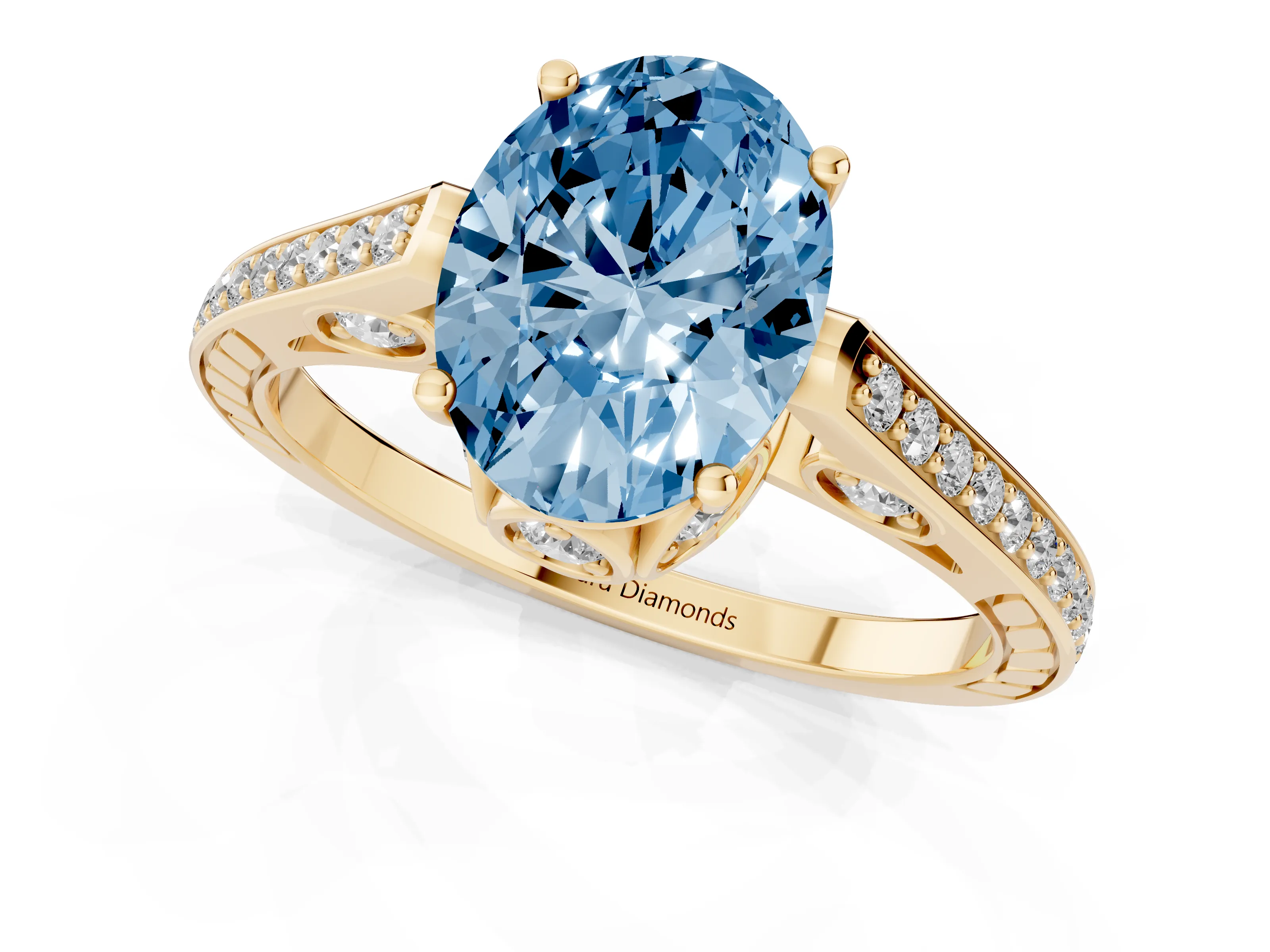 Fancy Blue Oval Cut Diamond Cathedral Pavé Engagement Ring Set in Yellow gold with Prong Setting