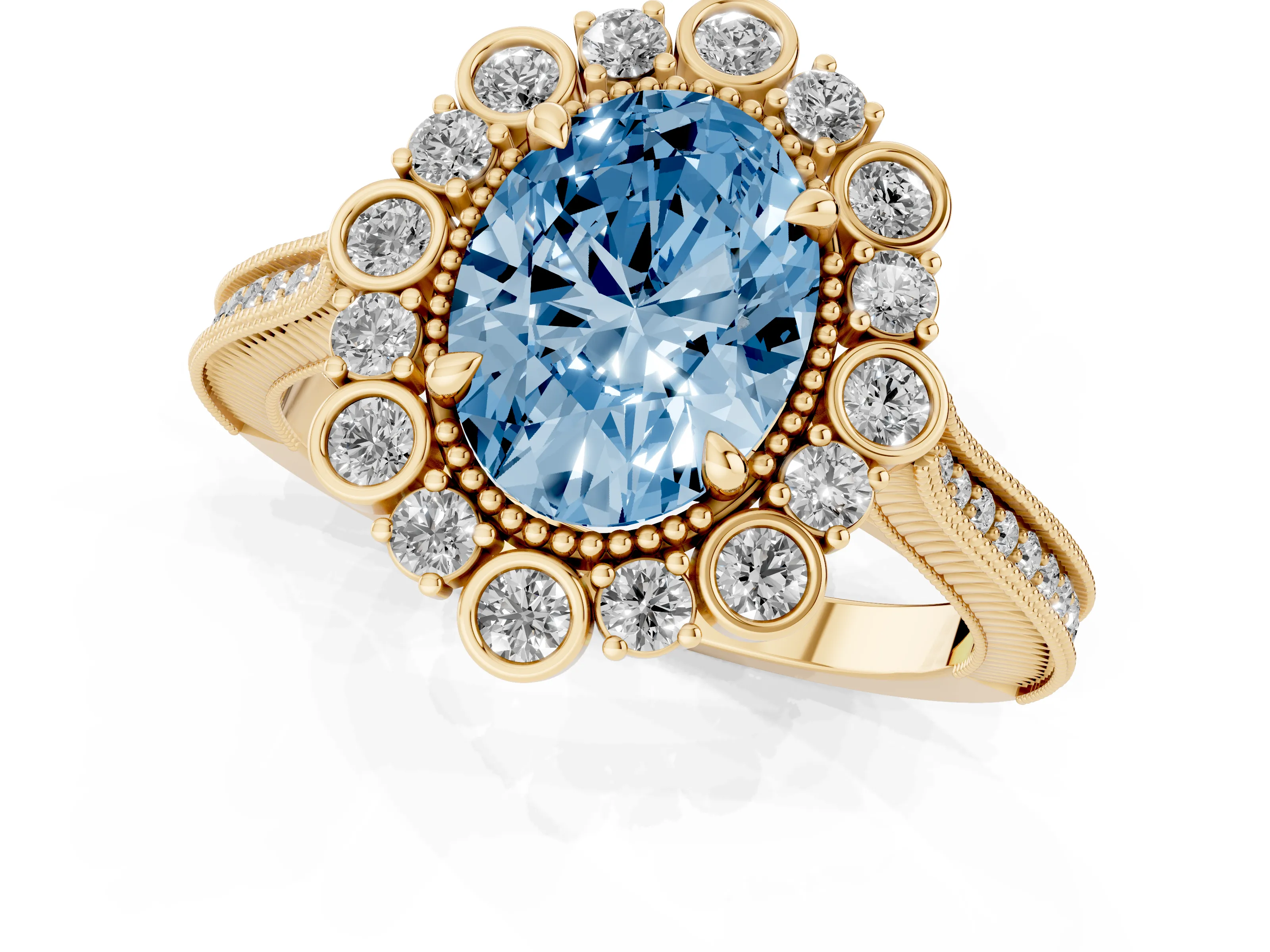 Fancy Blue Oval Cut Diamond Halo Milgrain Pavé Ring Set in Yellow gold with Prong Setting