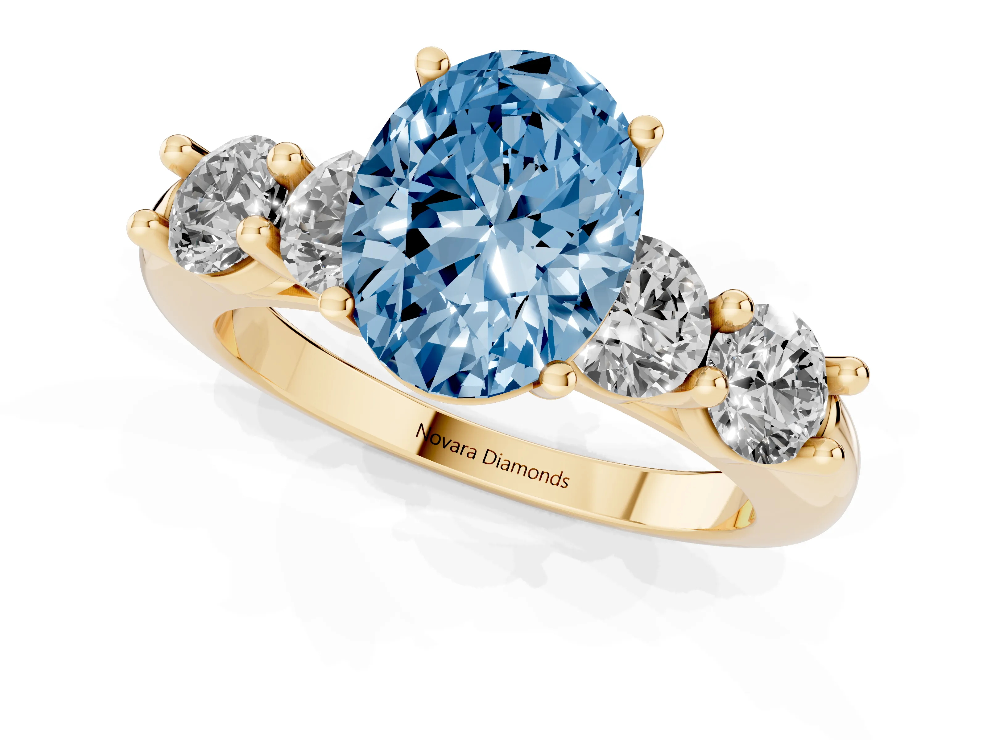 Fancy Blue Oval Cut Diamond Five-Stone Prong Set Ring Set in Yellow gold with Classic Band
