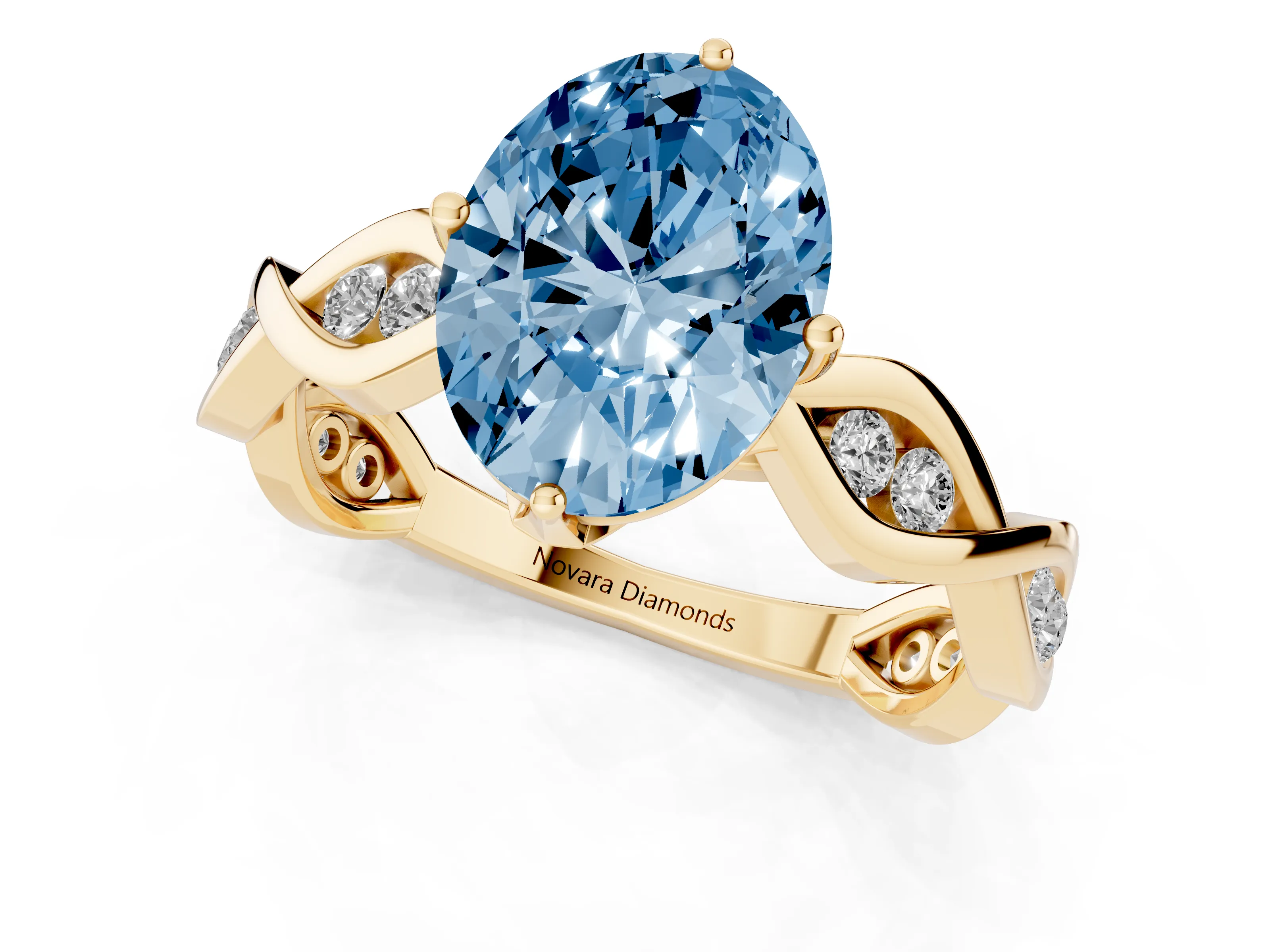 Fancy Blue Oval Cut Diamond Twist Band Solitaire Ring Set in Yellow gold with Leaf Prong Setting and Accent Stones