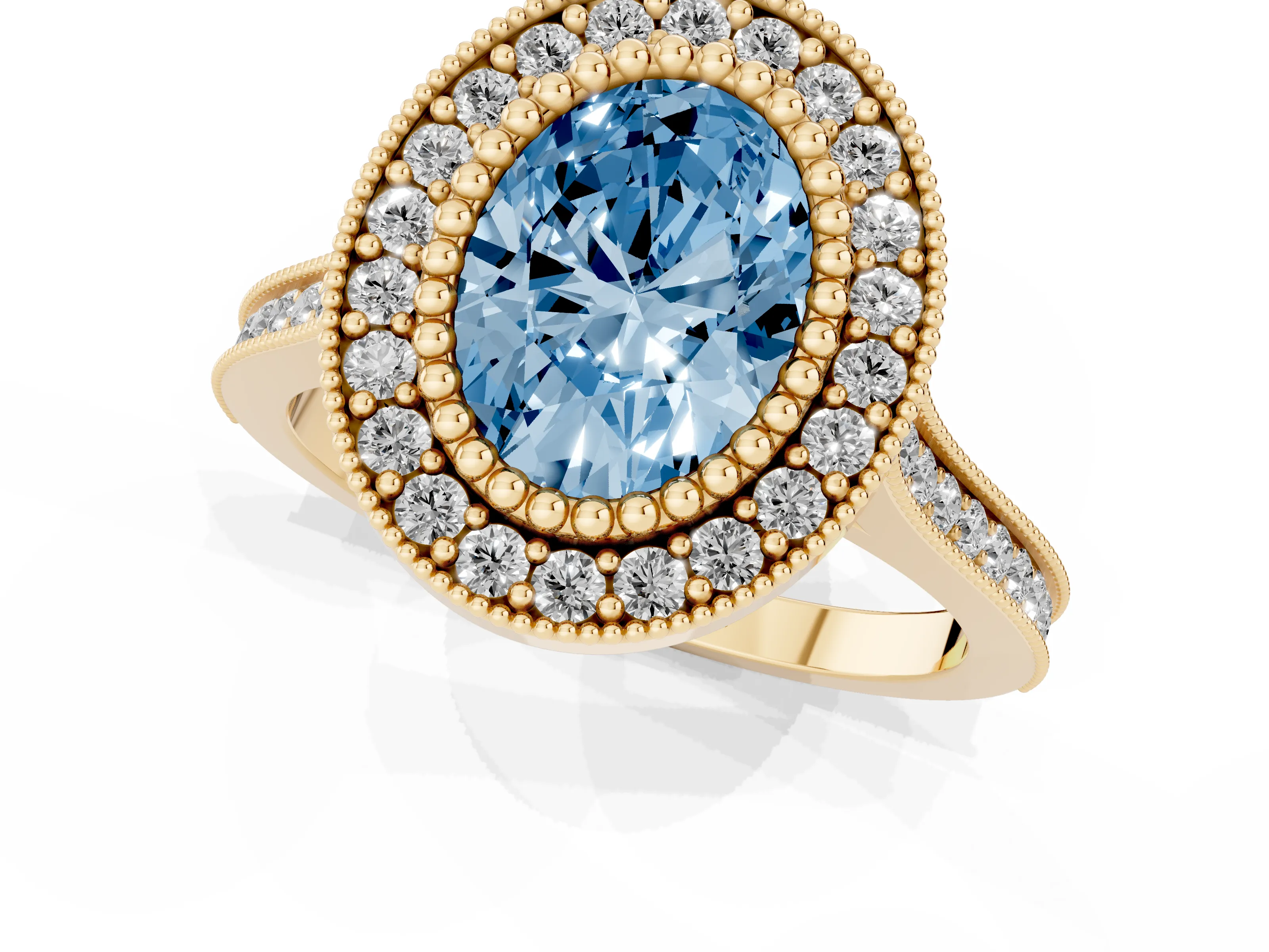Fancy Blue Oval Cut Diamond Halo Ring Set in Yellow gold with Milgrain Frame and Pavé Band