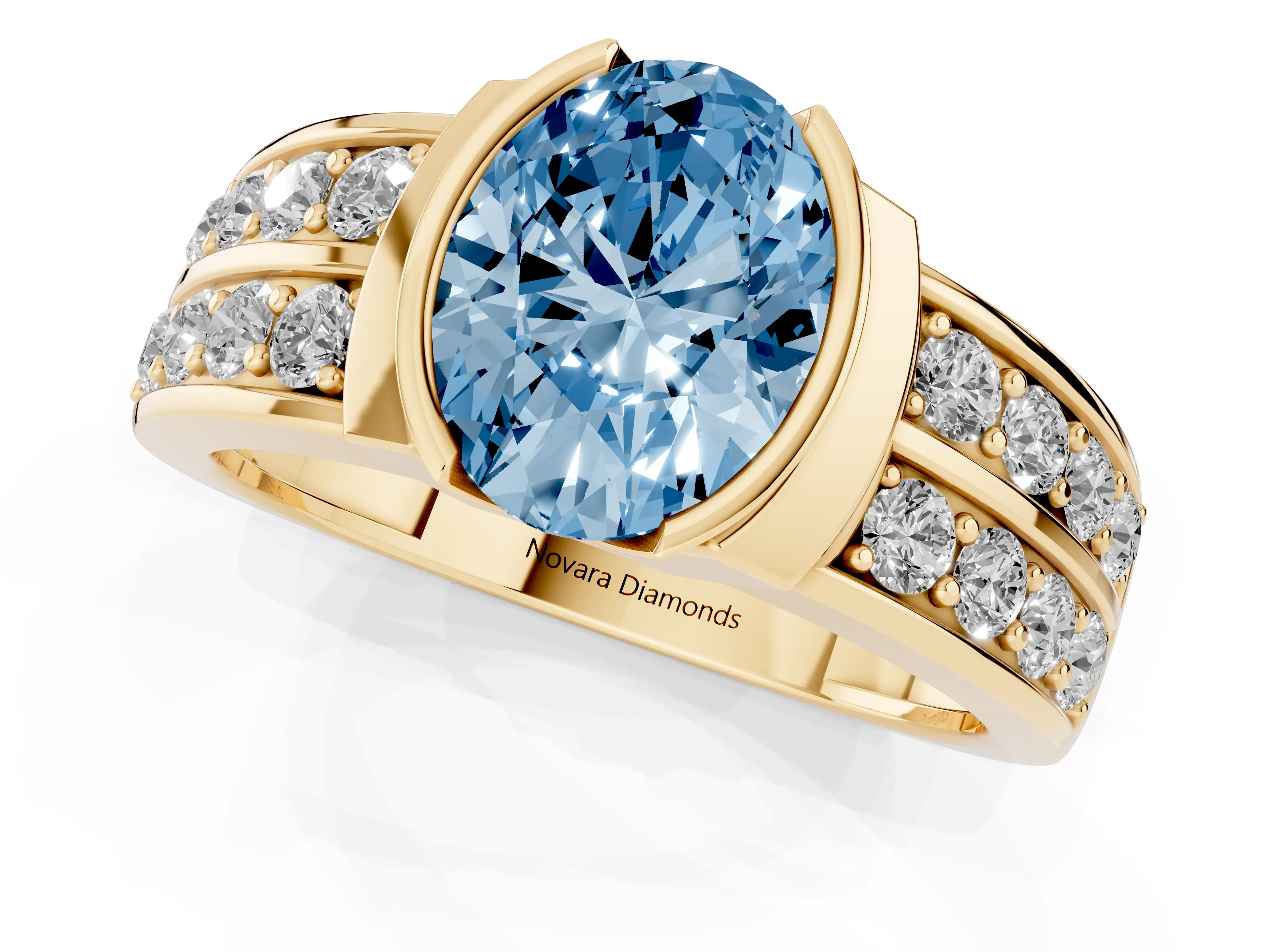 Fancy Blue Oval Cut Diamond Wide Channel Set Band Ring Set in Yellow gold with Bezel Setting