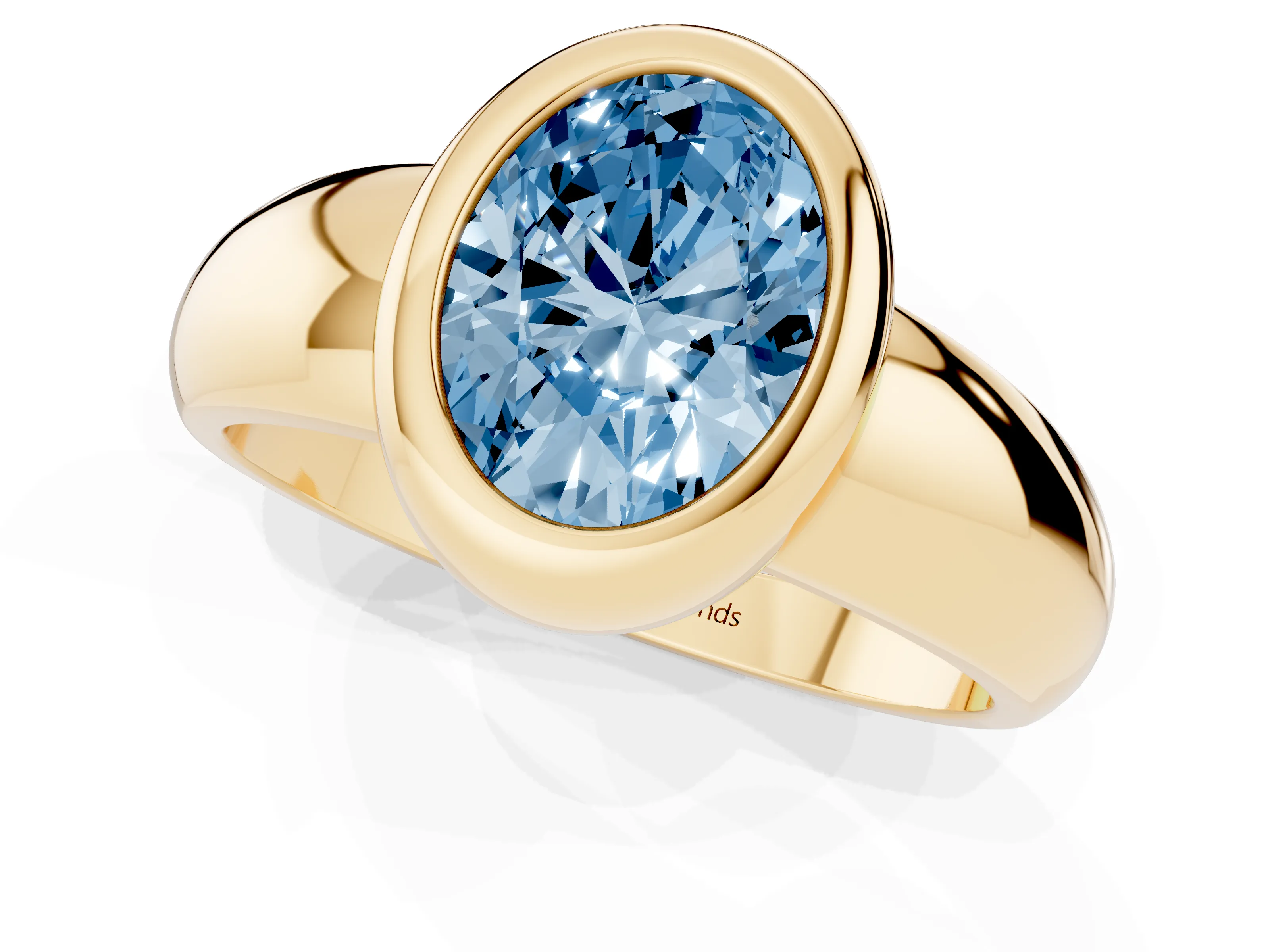 Fancy Blue Bezel Set Oval Cut Diamond Solitaire Ring Set in Yellow gold with Wide Band