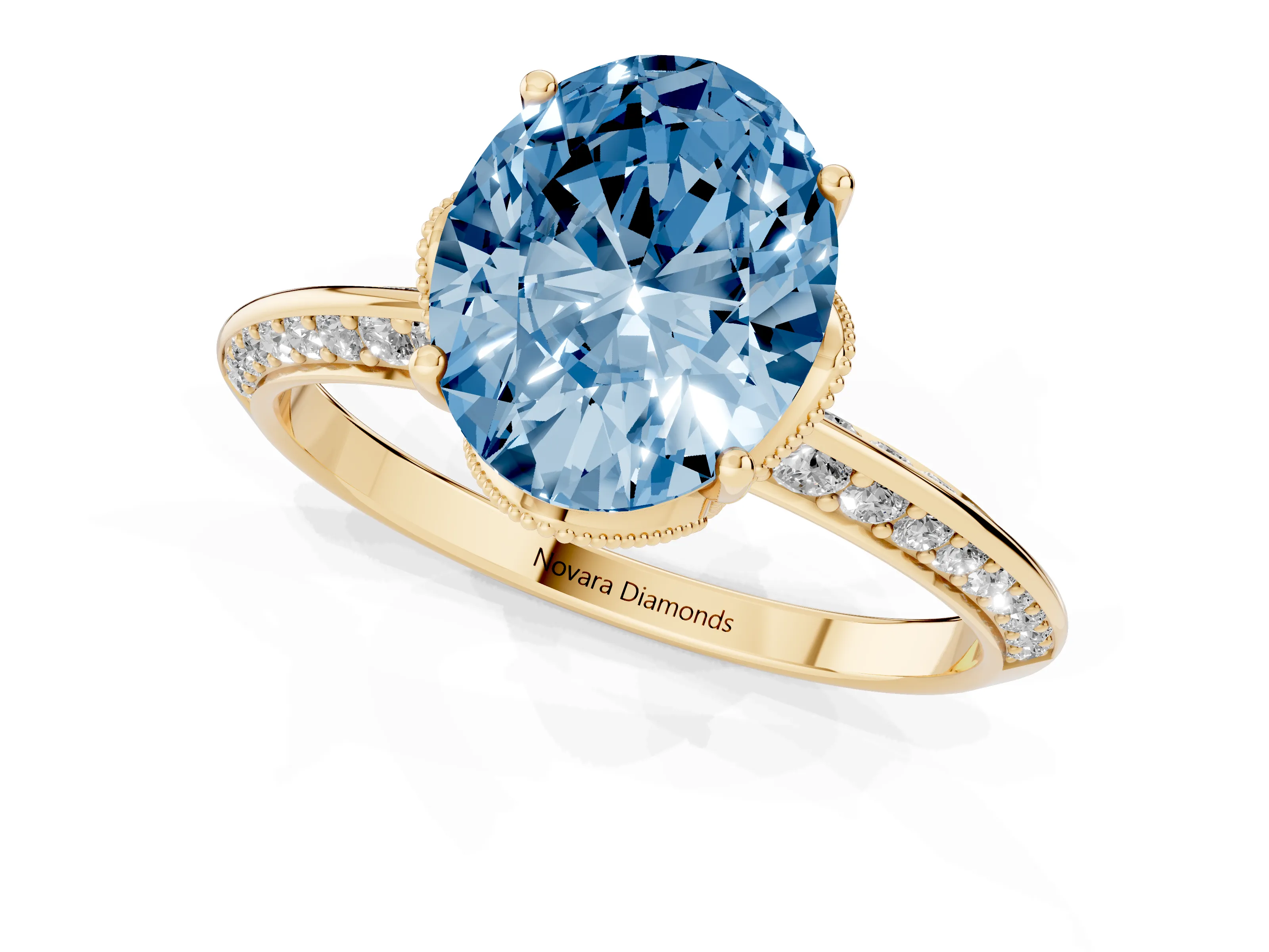 Fancy Blue Oval Cut Diamond Solitaire Engagement Ring Set in Yellow gold with Pavé Split Shank and Prong Setting