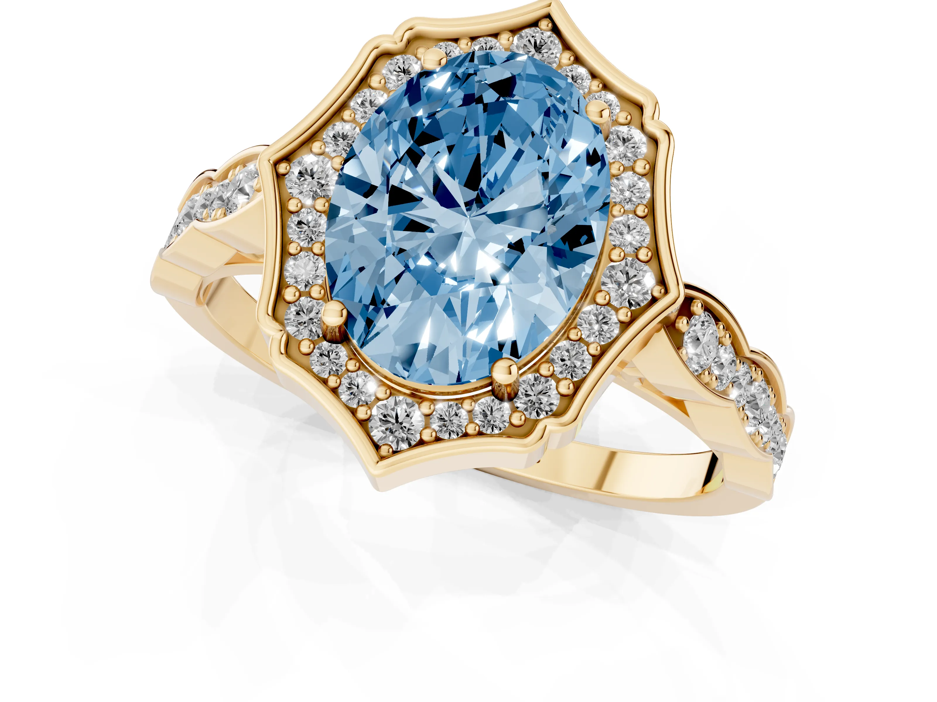 Fancy Blue Oval Cut Diamond Halo Engagement Ring Set in Yellow gold with Milgrain Band and Prong Setting