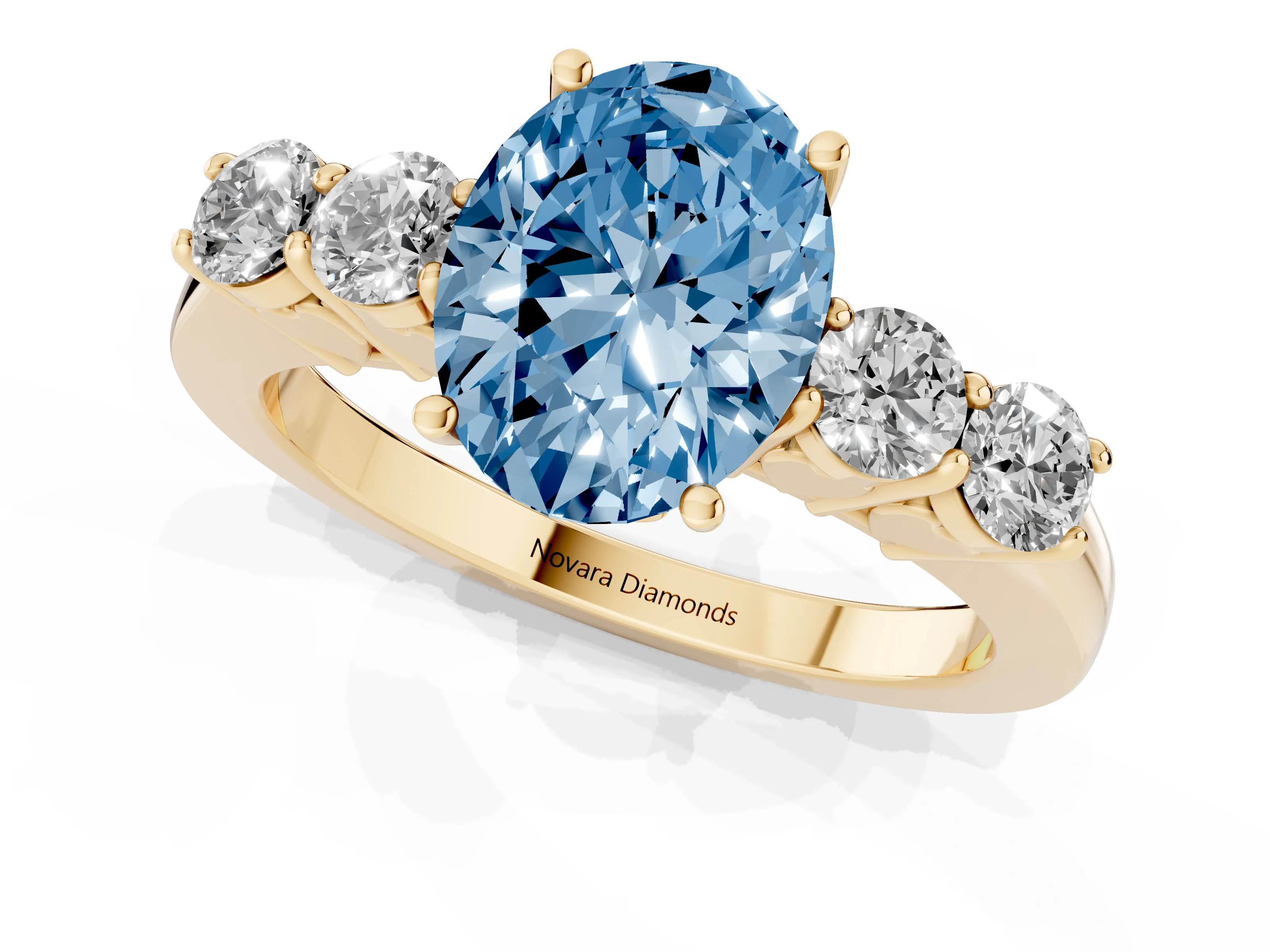 Fancy Blue Oval Cut Diamond Five-Stone Prong Set Band Ring Set in Yellow gold with Polished Band