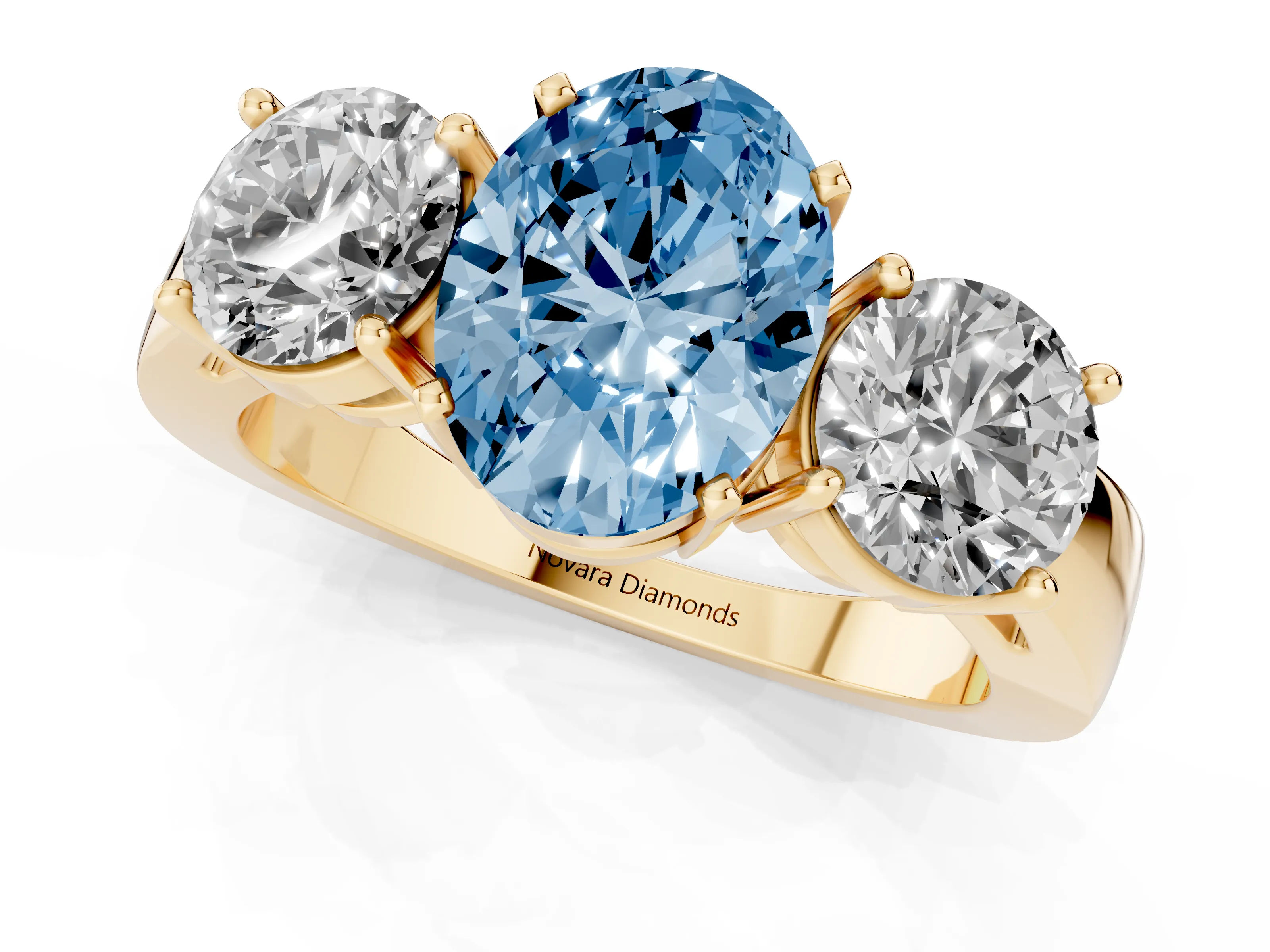 Fancy Blue Oval Cut Diamond Three-Stone Ring Set in Yellow gold with Round Side Stones and Classic Band – second view