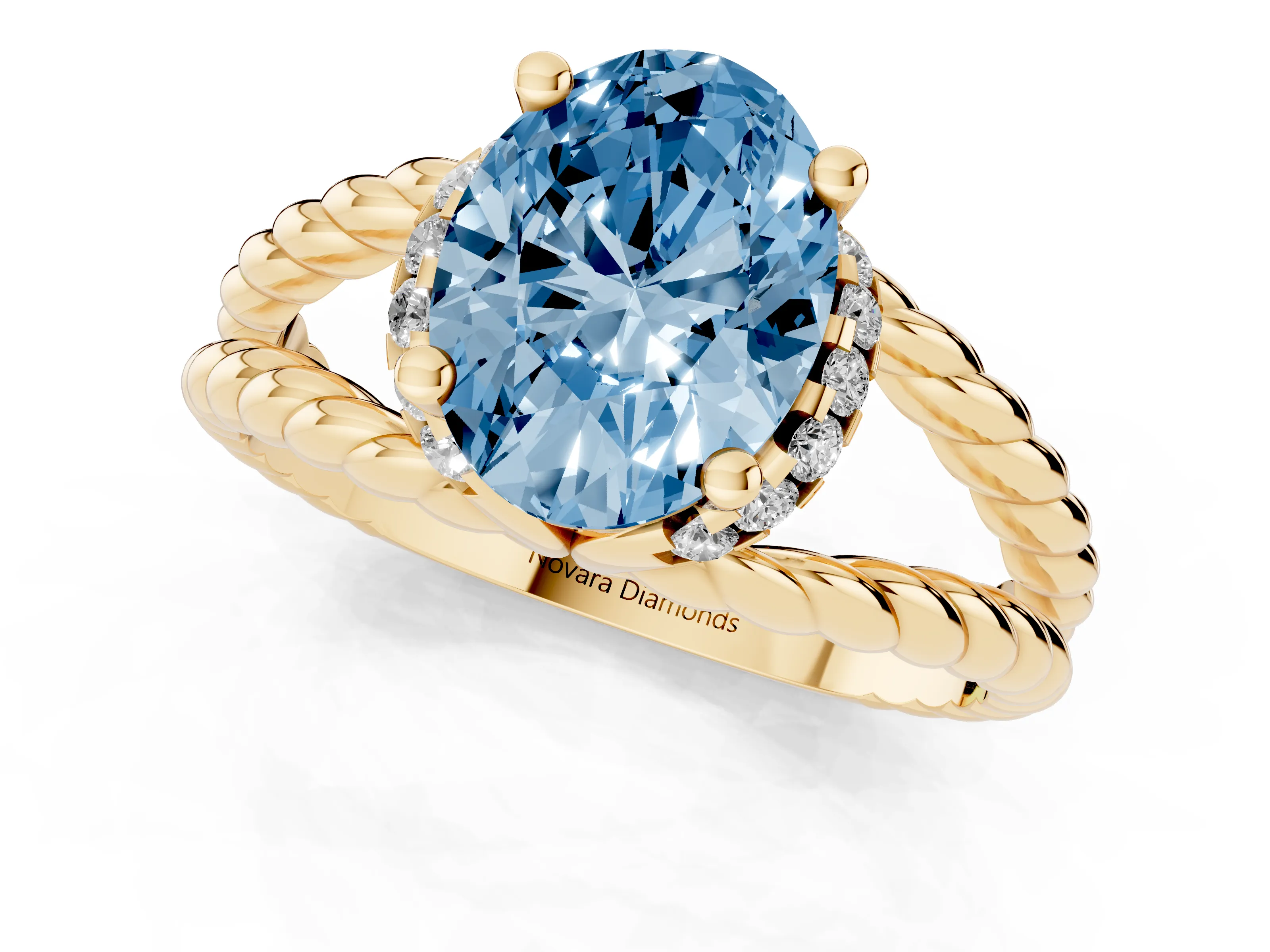 Fancy Blue Oval Cut Diamond Halo Ring Set in Yellow gold with Twisted Band and Prong Setting