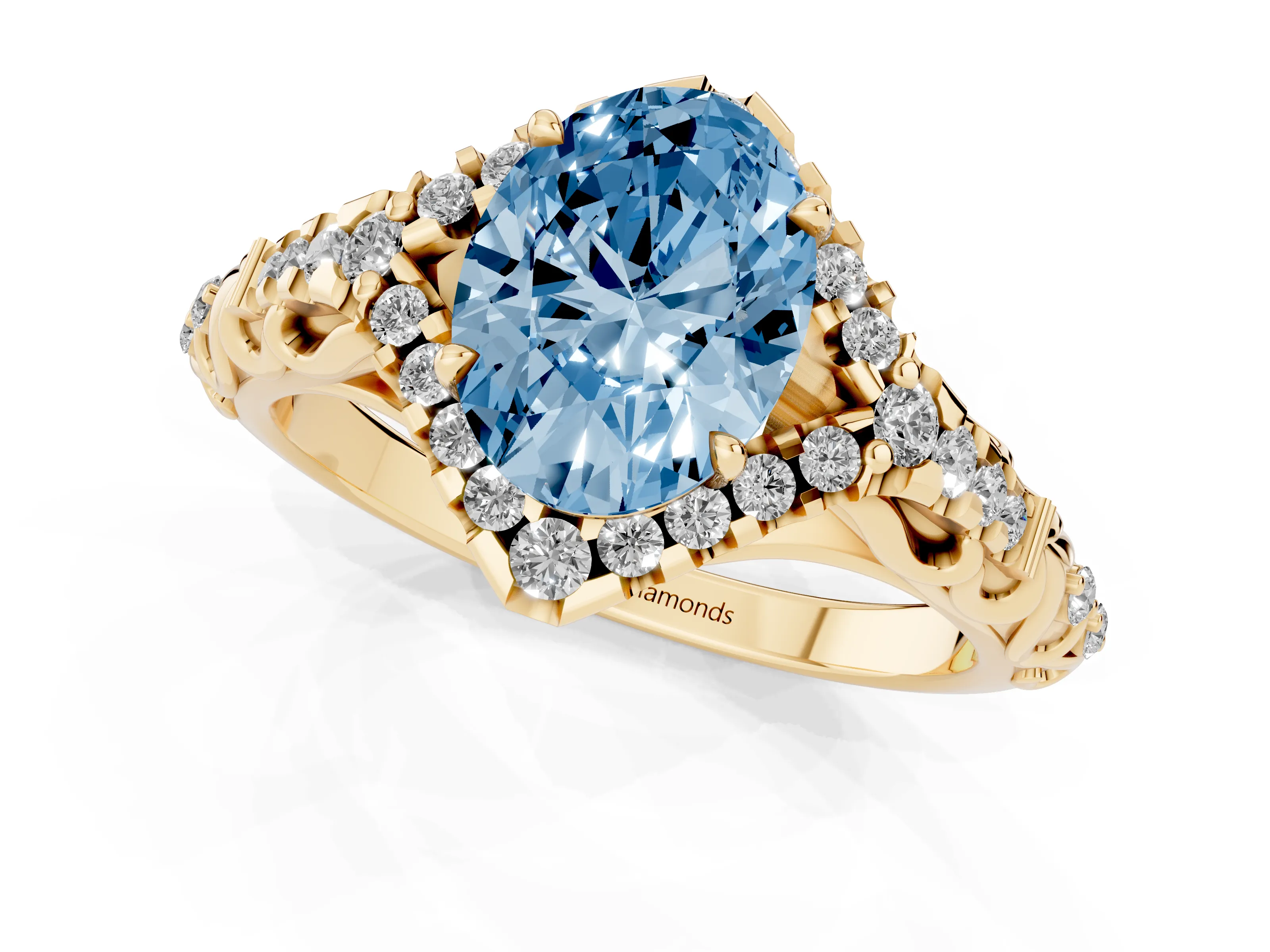 Fancy Blue Oval Cut Diamond Solitaire Ring Set in Yellow gold with Hidden Halo and Pavé Band