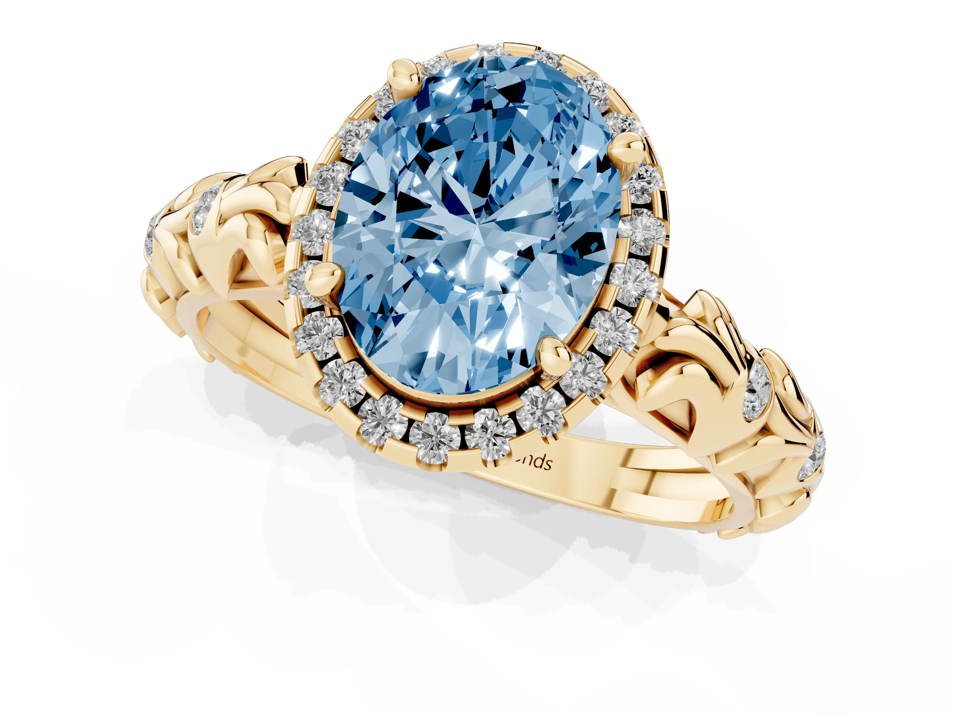Fancy Blue Oval Cut Diamond Halo Ring Set in Yellow gold with Filigree Leaf Band and Prong Setting