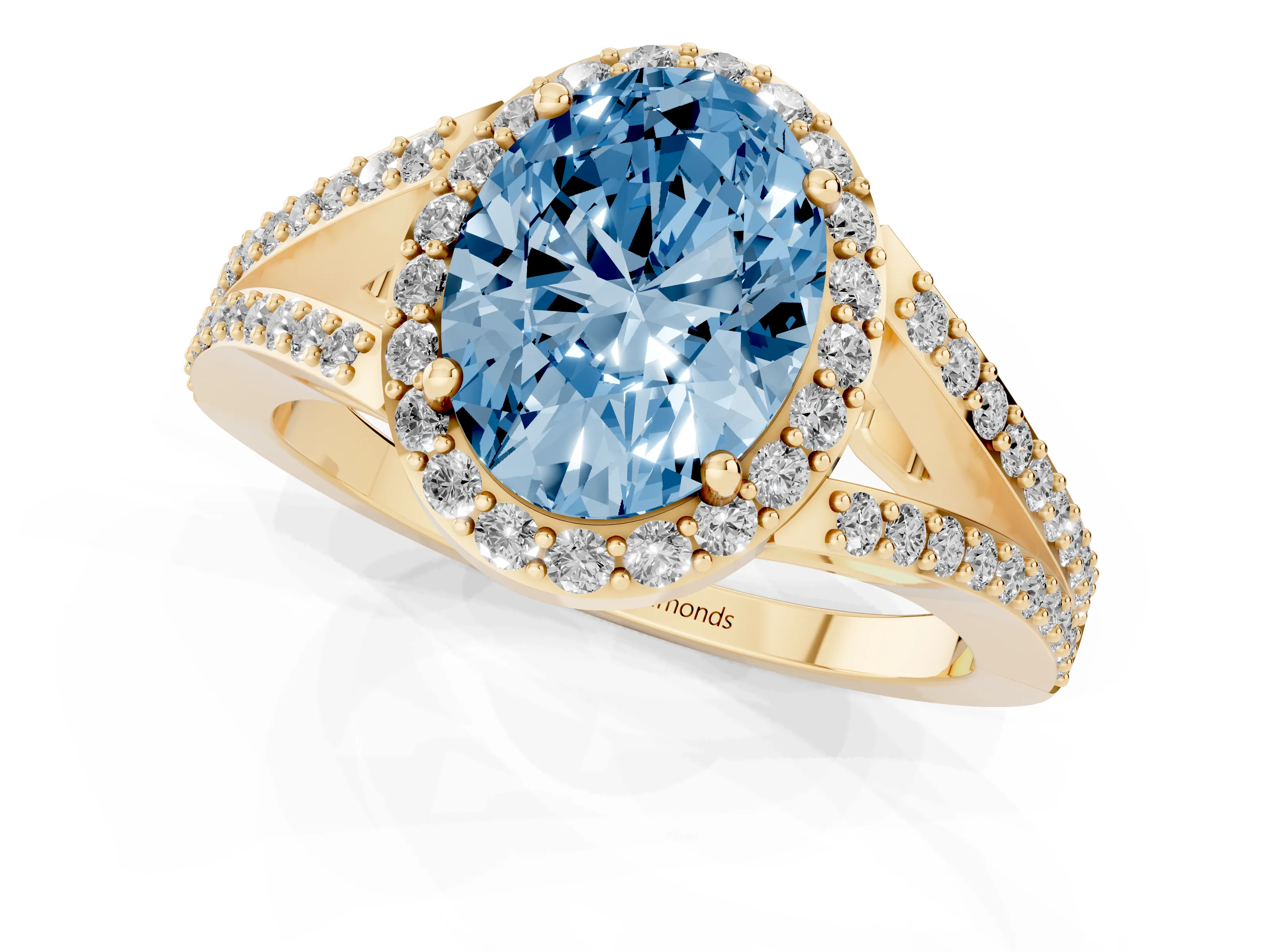 Fancy Blue Oval Cut Diamond Halo Split Shank Ring Set in Yellow gold with Accent Stones and Prong Setting