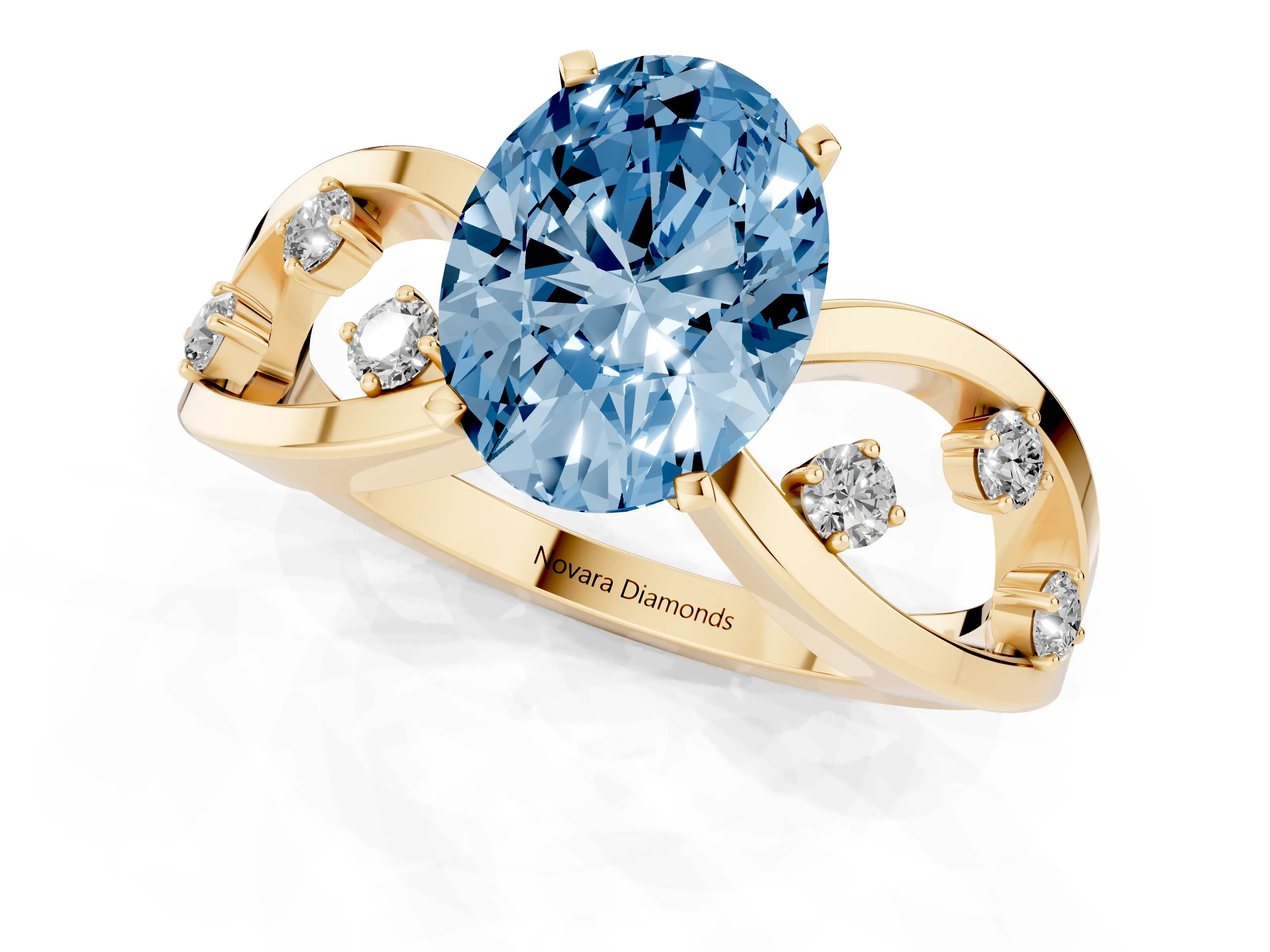 Fancy Blue Oval Cut Diamond Solitaire Ring Set in Yellow gold with Side Stones on Criss-Cross Band and Prong Setting