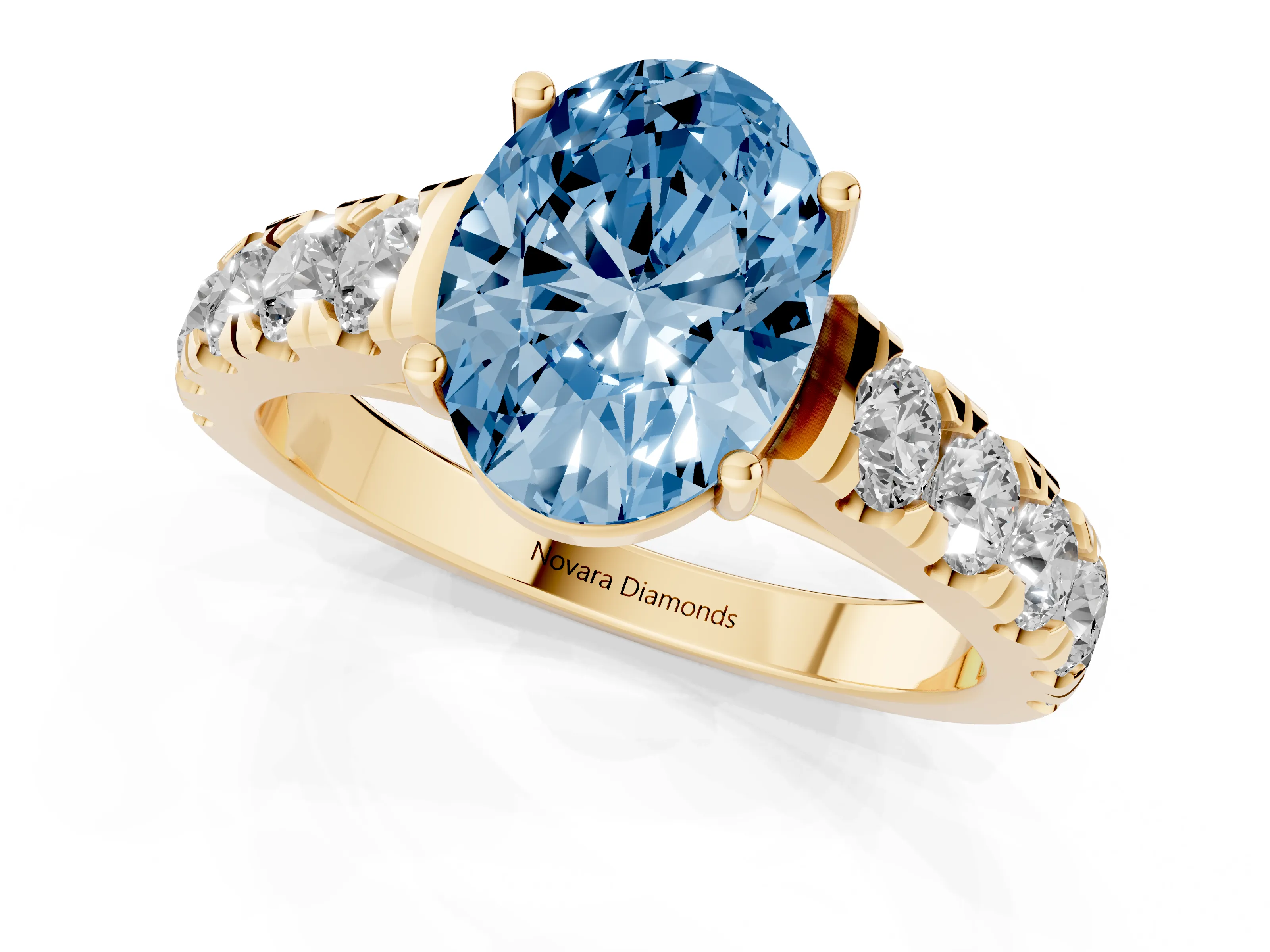 Fancy Blue Oval Cut Diamond Solitaire Ring Set in Yellow gold with Cut-Down Micro Pavé Band and Prong Setting