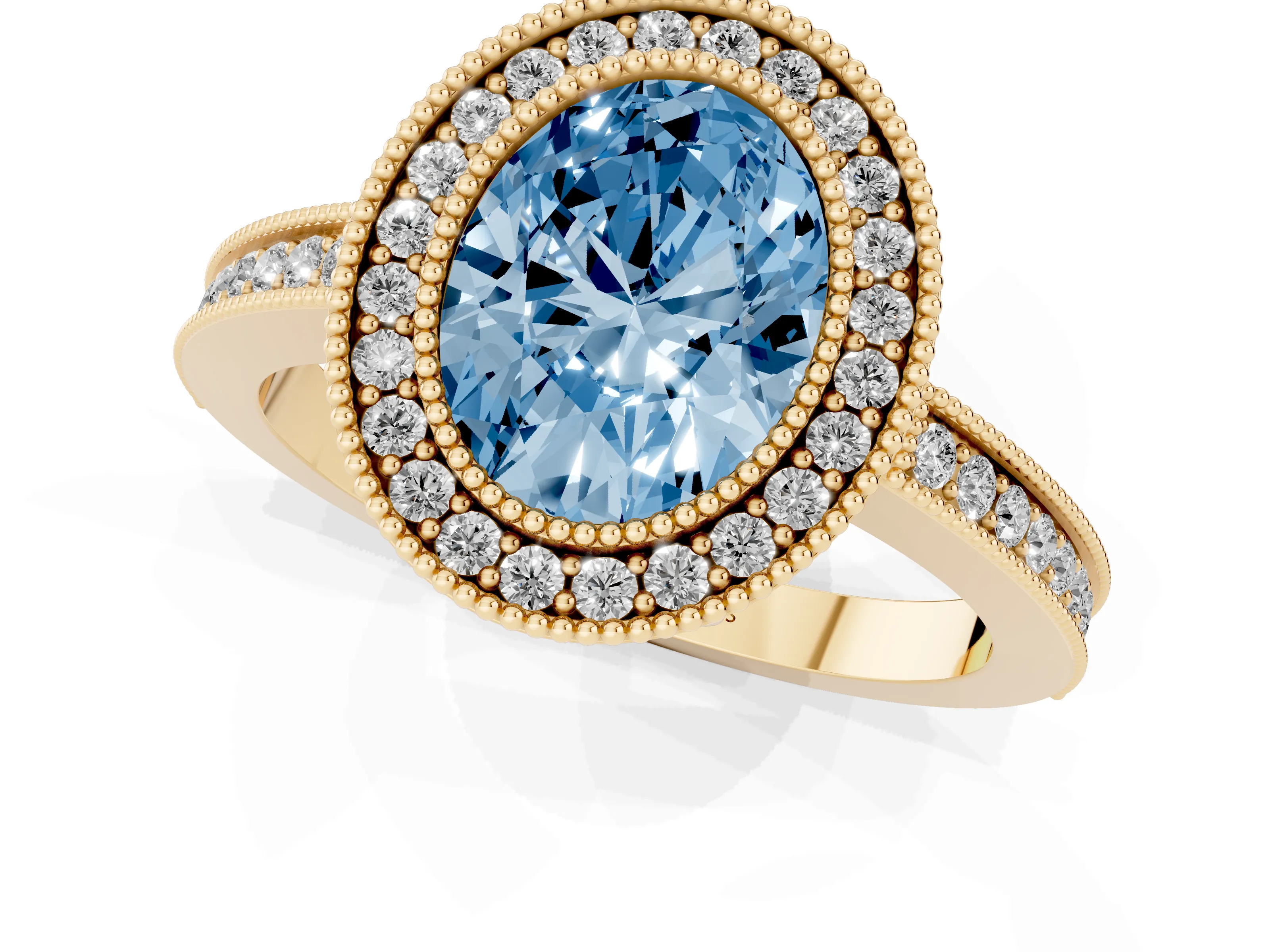 Fancy Blue Oval Cut Diamond Halo Ring Set in Yellow gold with Pavé Band and Milgrain-Edged Prongs