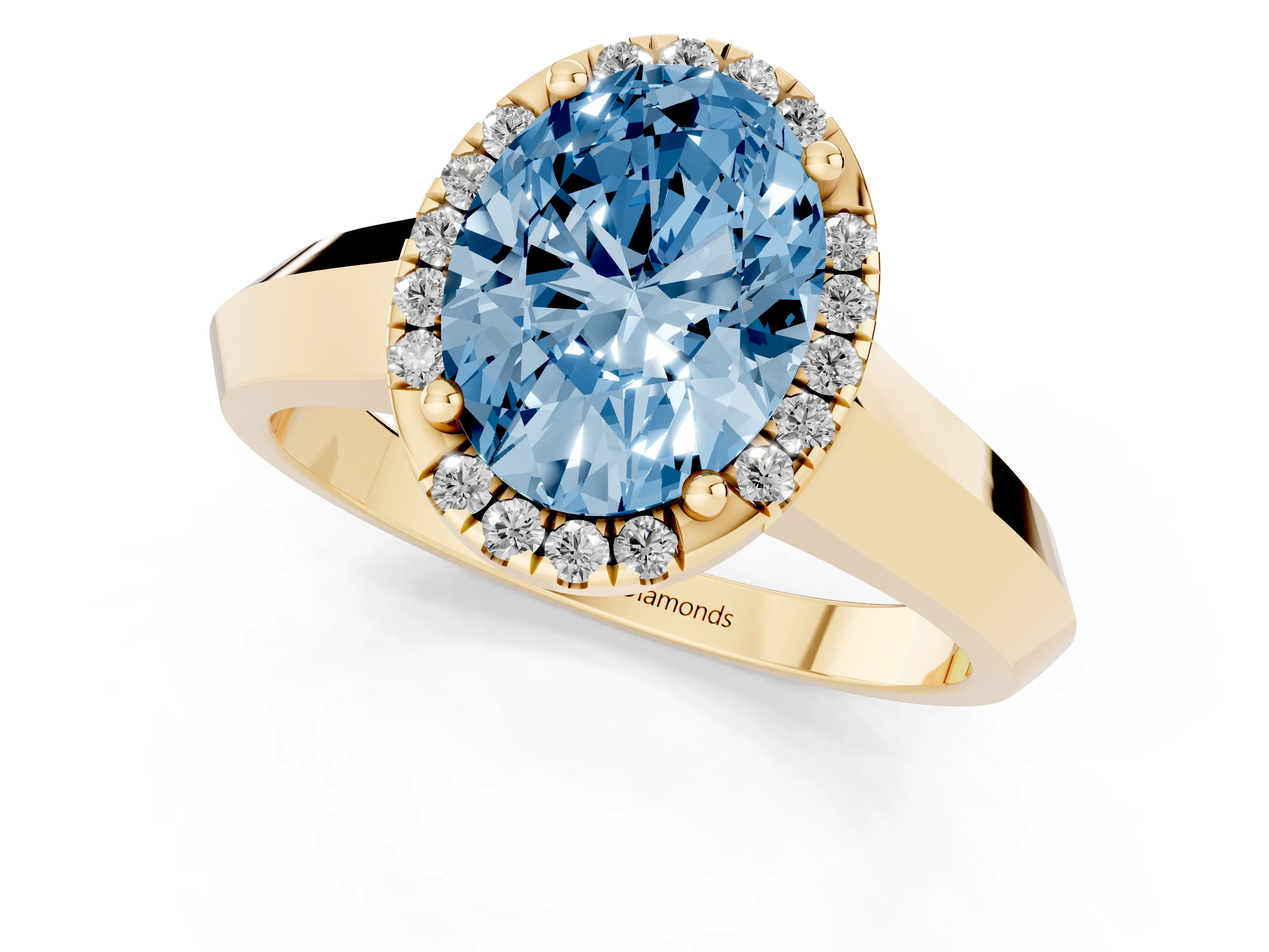 Fancy Blue Oval Cut Diamond Halo Ring Set in Yellow gold with Cathedral Band and Prong Setting