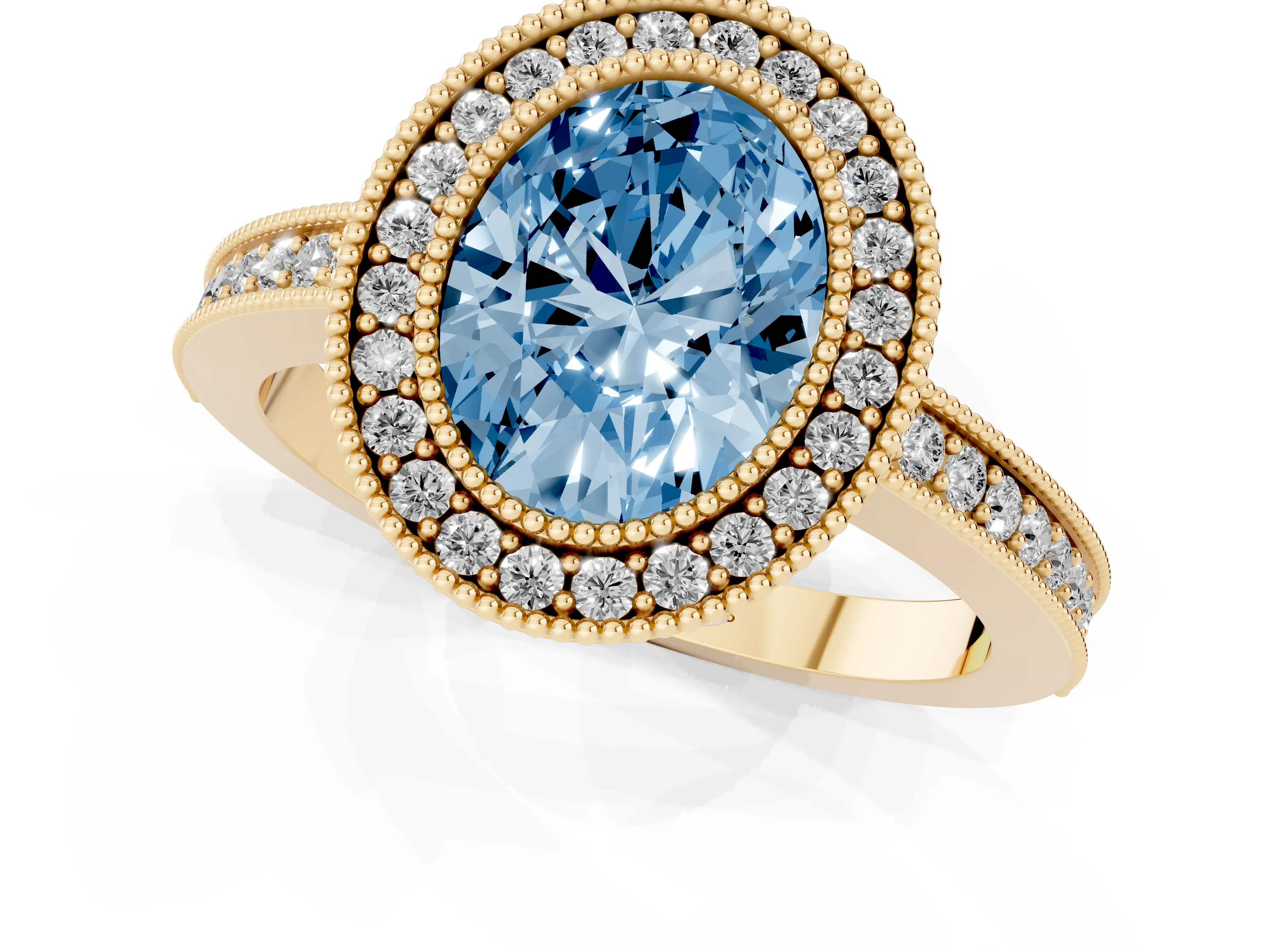 Fancy Blue Oval Cut Diamond Round Halo Ring Set in Yellow gold with Pavé Band