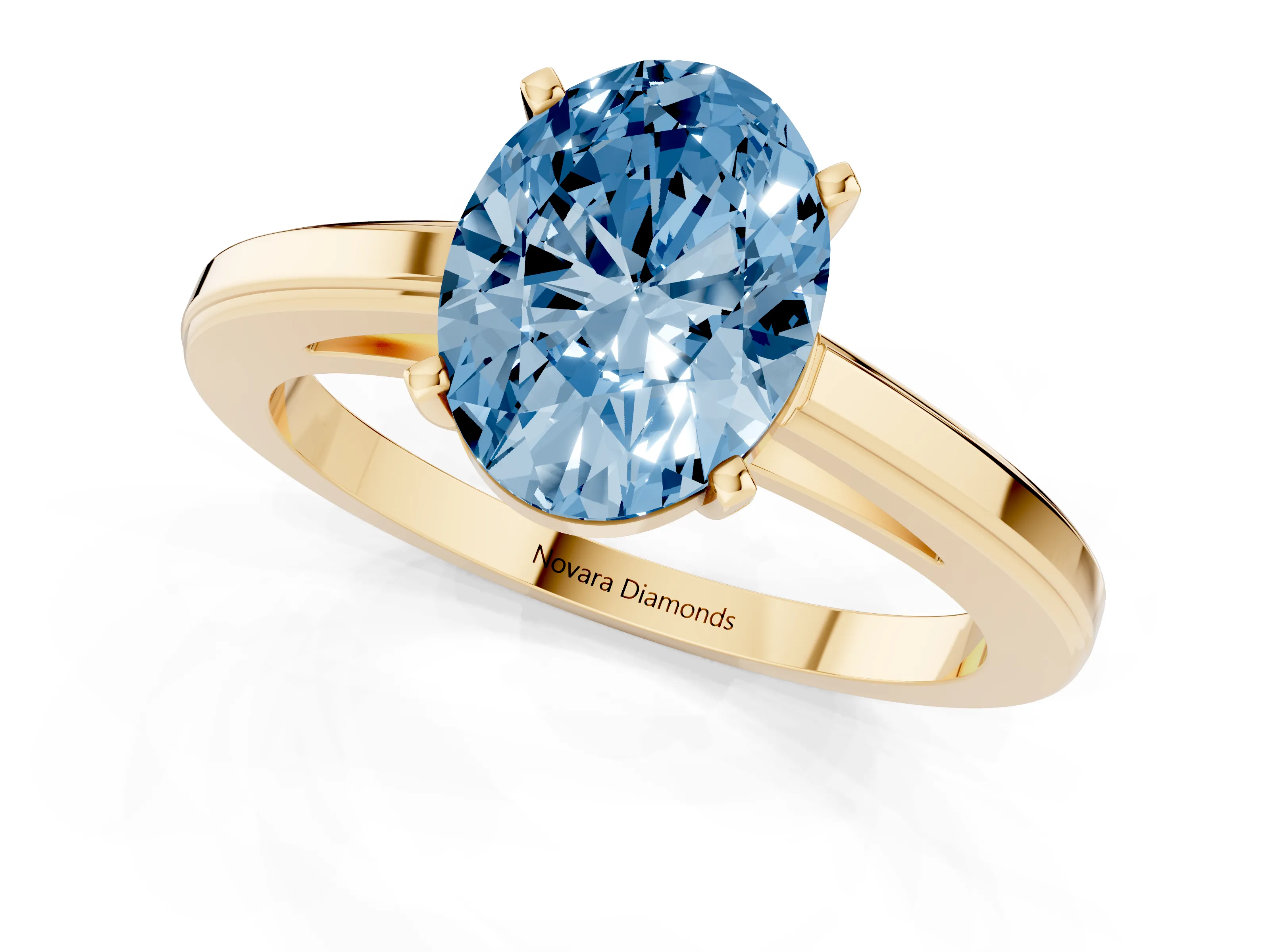 Fancy Blue Oval Cut Diamond Solitaire Ring Set in Yellow gold with Prong Setting and Classic Band
