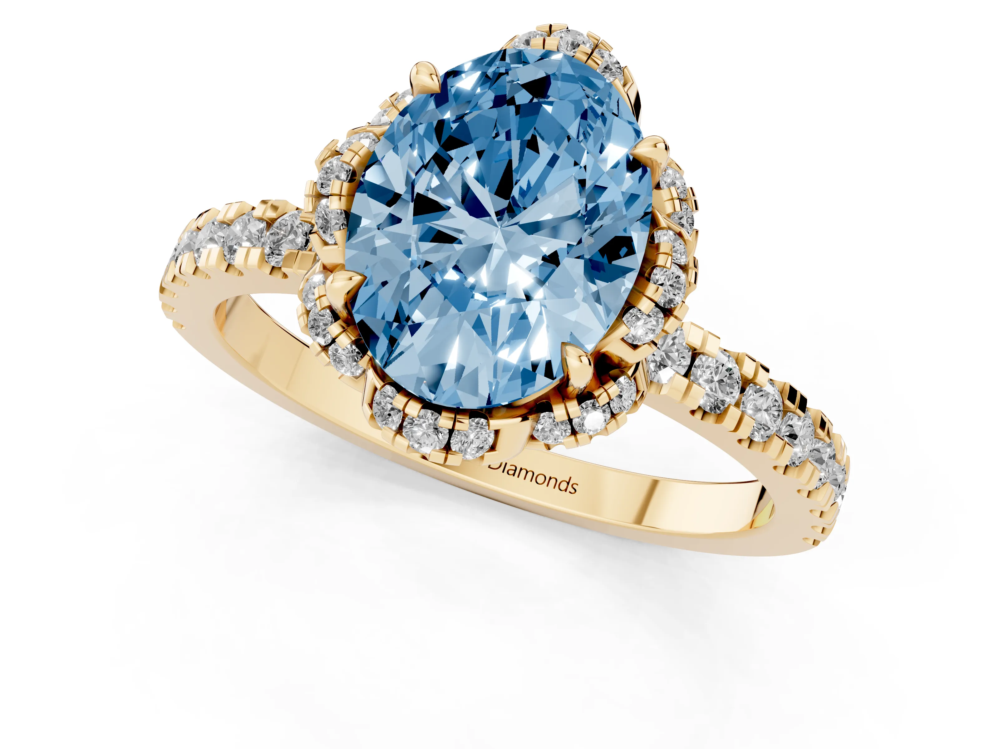 Fancy Blue Oval Cut Diamond Halo Pavé Band Ring Set in Yellow gold with Prong-Held Center