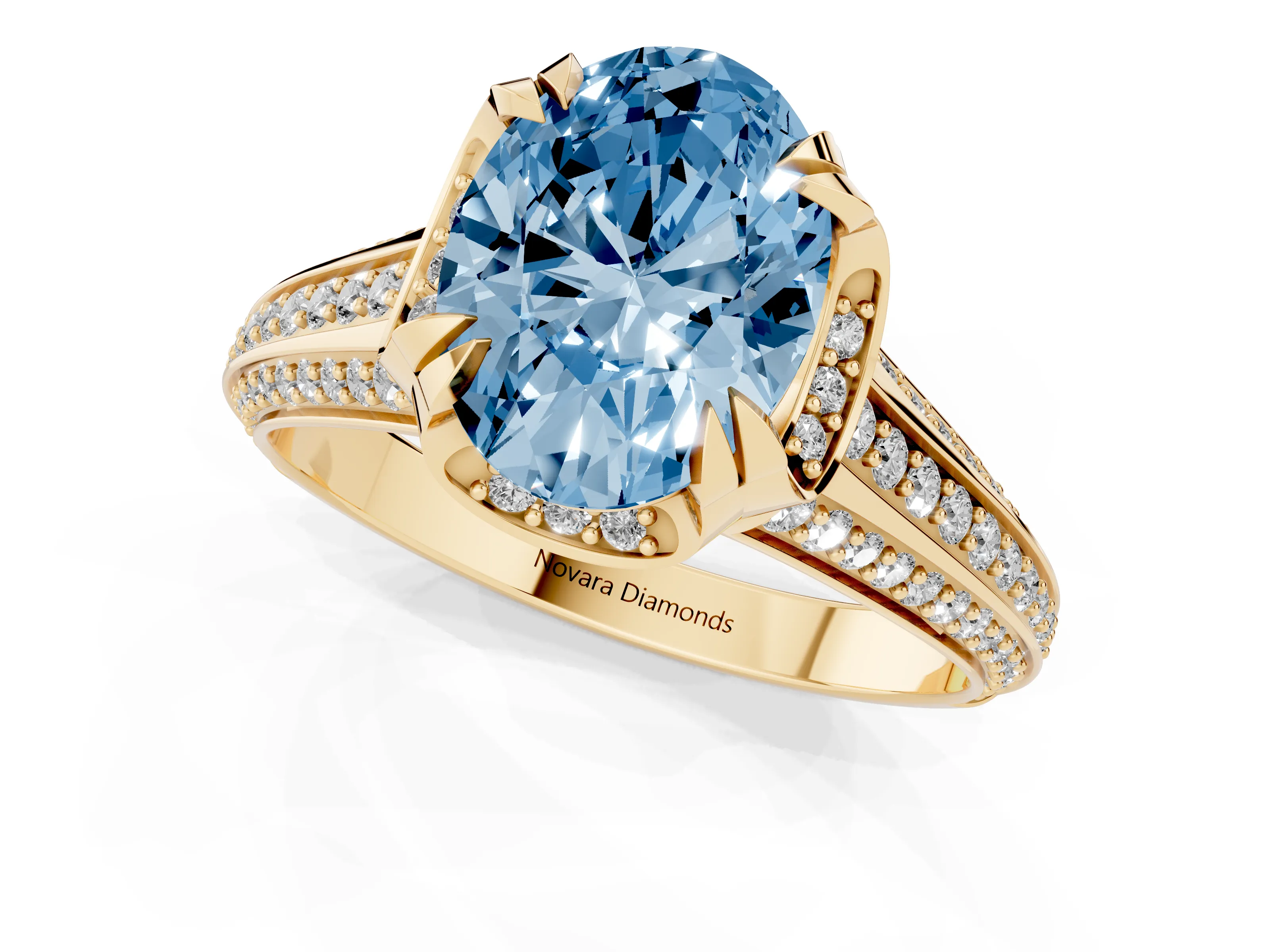Fancy Blue Oval Cut Diamond Pavé Split Shank Solitaire Ring Set in Yellow gold with Prong Setting