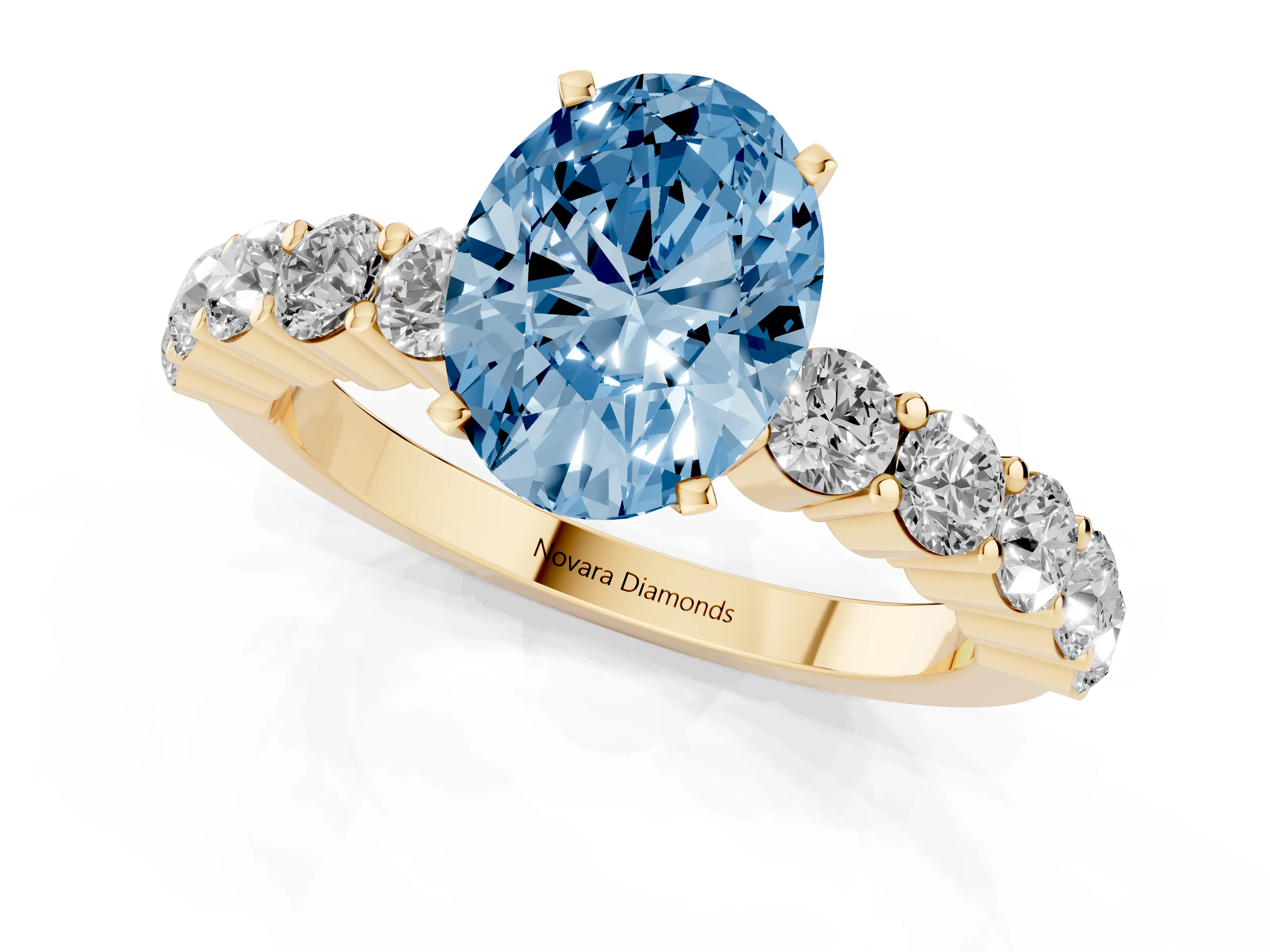 Fancy Blue Oval Cut Diamond Solitaire Ring Set in Yellow gold with Shared Prong Round Side Stones