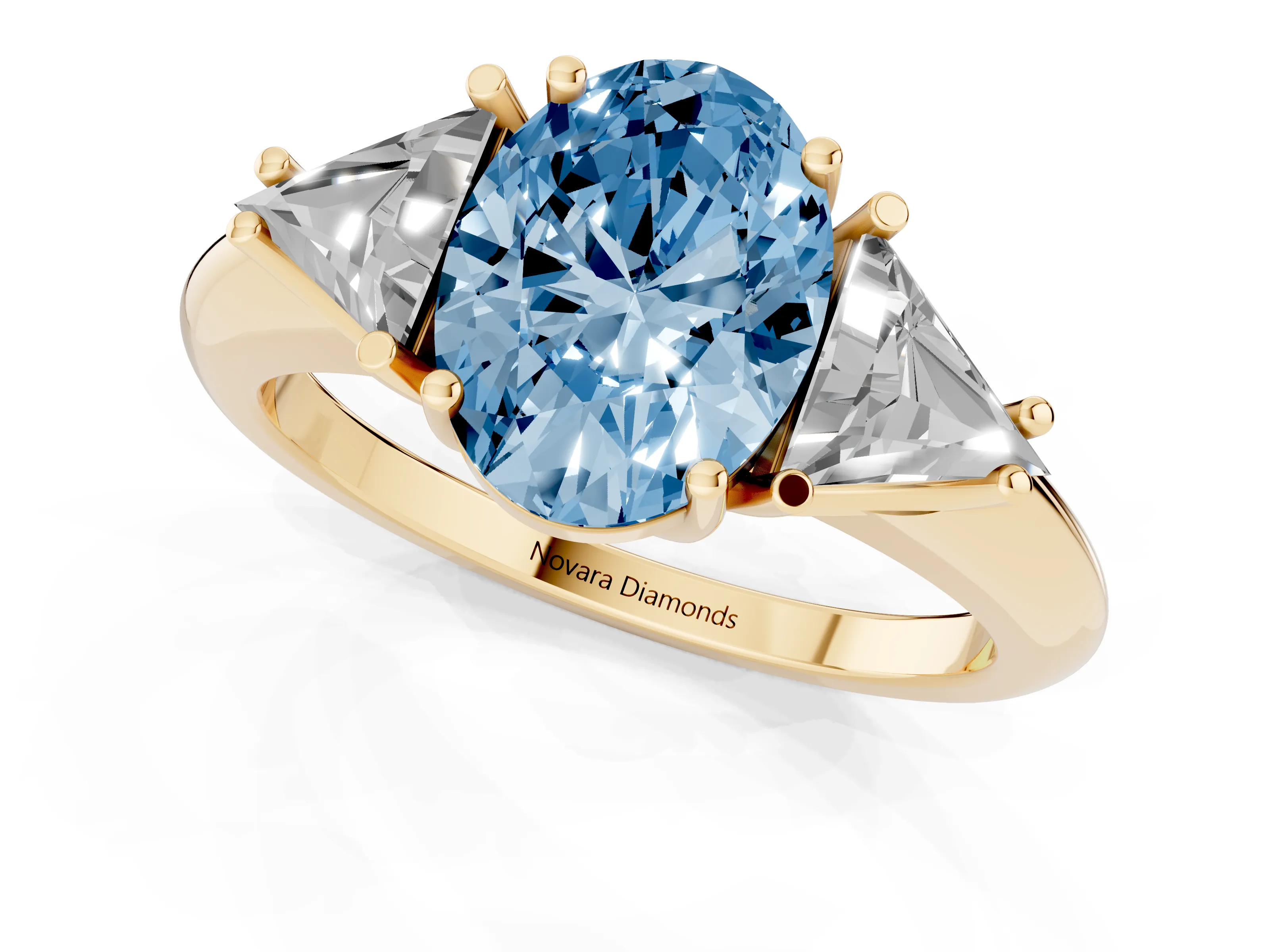 Fancy Blue Oval Cut Diamond Three-Stone Engagement Ring Set in Yellow gold with Trillion Side Stones